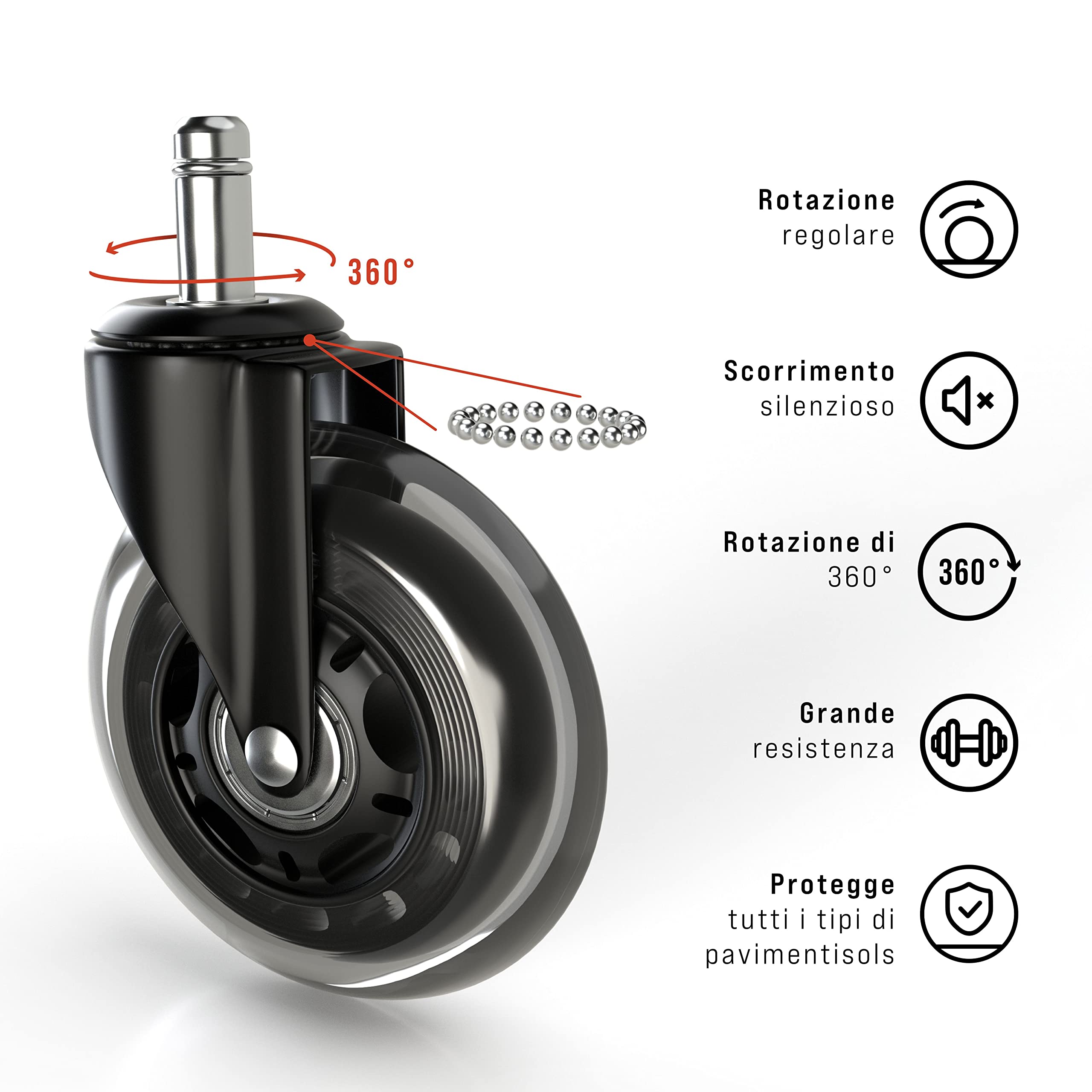 Ueznirn Set Di 5 Ruote Per Sedie Da Ufficio, 10 Mm X 22 Mm, Ruote Per