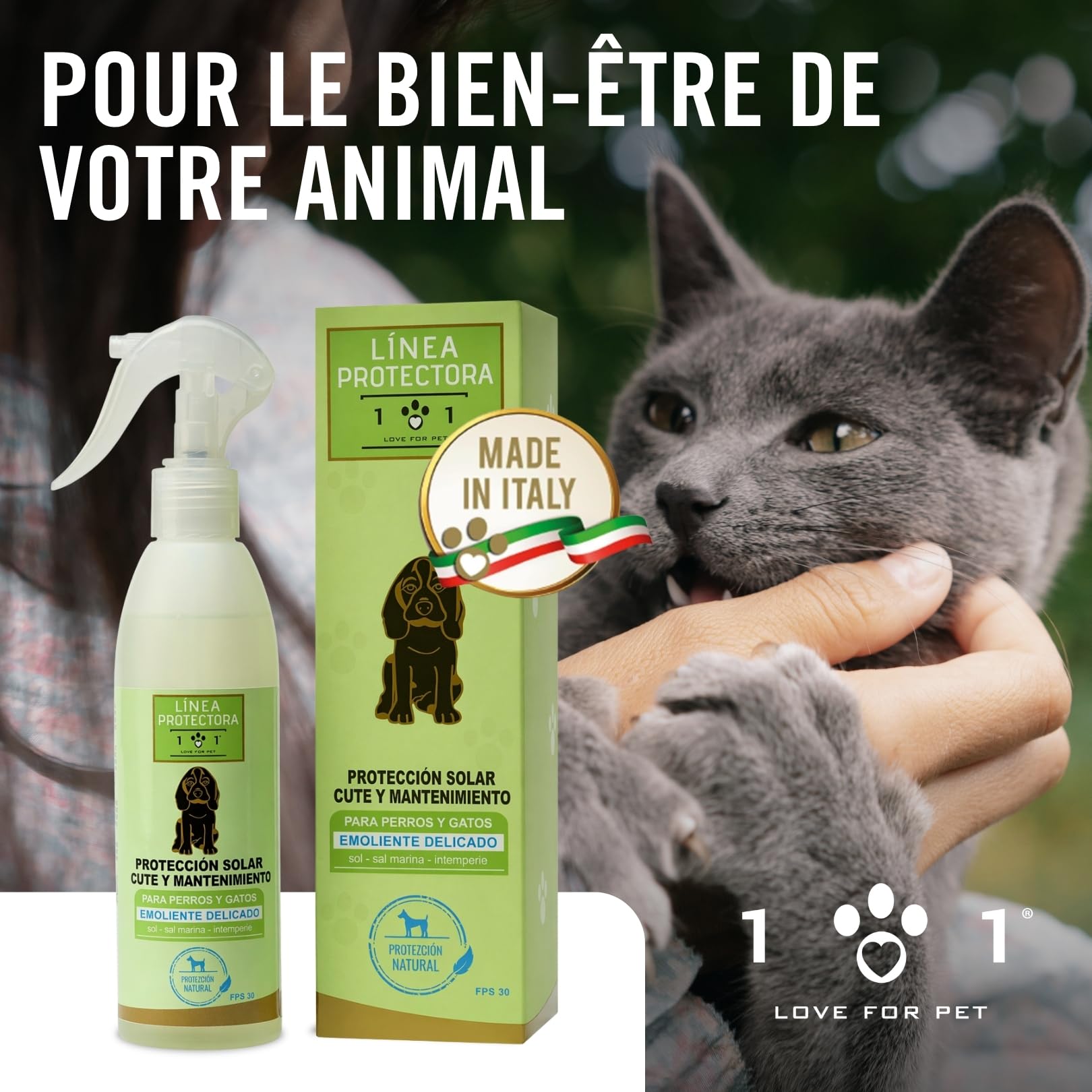 Linea 101 Creme Solaire Chien et Chat Spray 250ml Naturel et Végétal, Crème Solaire Chat Blanc, Protège Peau et Pelage du Soleil, Sel et Vent, SPF 30