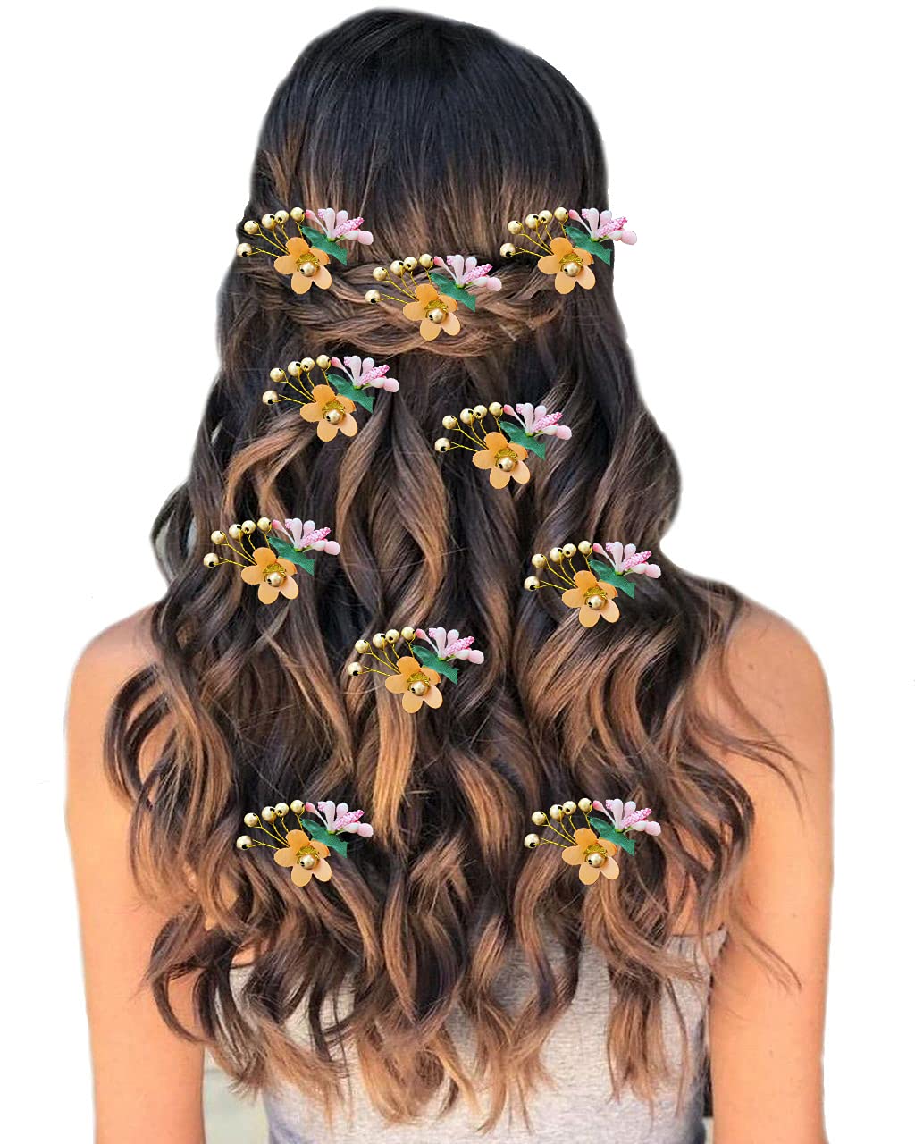Artificial Plastic Flower with Pearl and Stone Design Hairpin/Hair Clip/Judabun | Bridal Hair Accessories for Wedding, Festival for Women & Girls - 2206, Combo of 10-image-26
