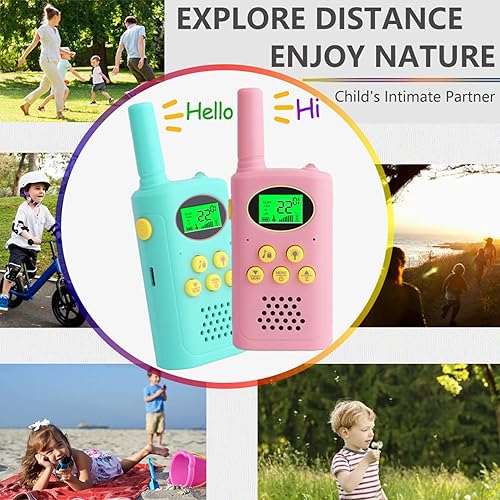 Miniatura 4 de POKPOW Walkie Talkies recargables para niños, 22 canales, juguete de radio de 2 vías con batería de litio de 2 x 1200 mAh, linterna LCD