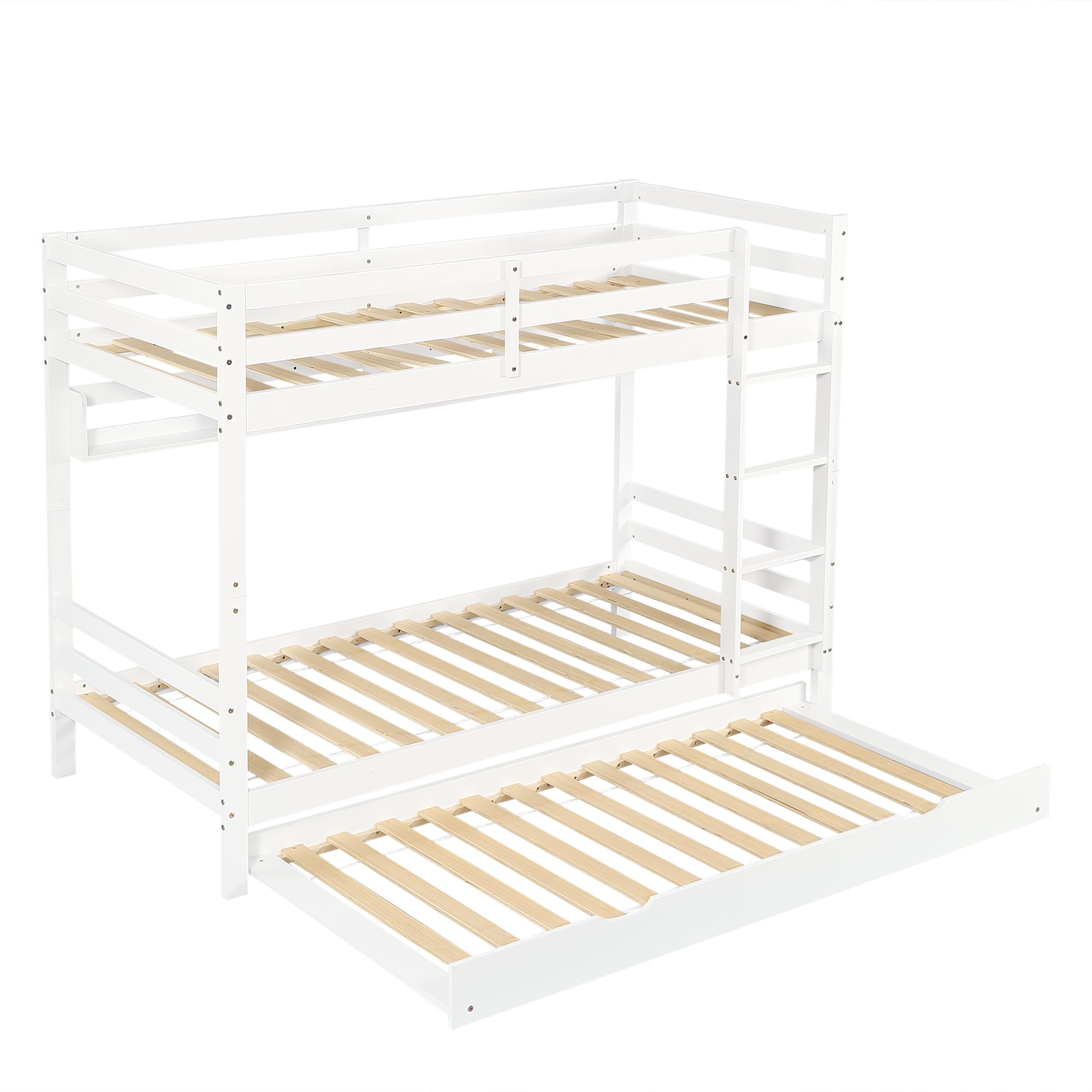 Litera de 90 x 200 cm, cama nido con ruedas, protección anticaídas, cama para niños, convertible en 3 camas individuales con barandilla de seguridad y armario para escaleras, pino + MDF + madera