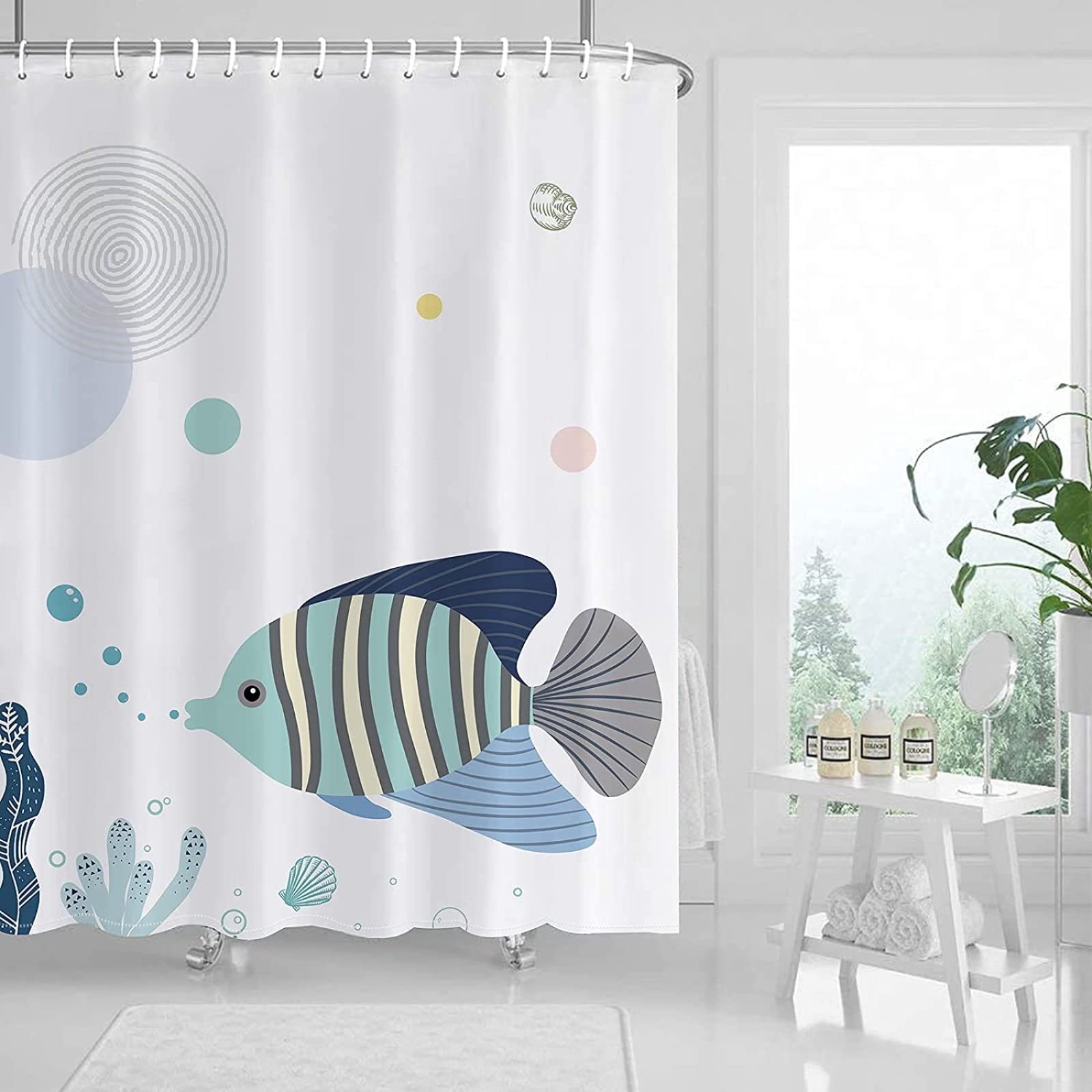 Rideau De Douche Paysage De La Mer Océan Blue Anneaux Inclus 3D Effect Imperméable 180 X 200 Cm