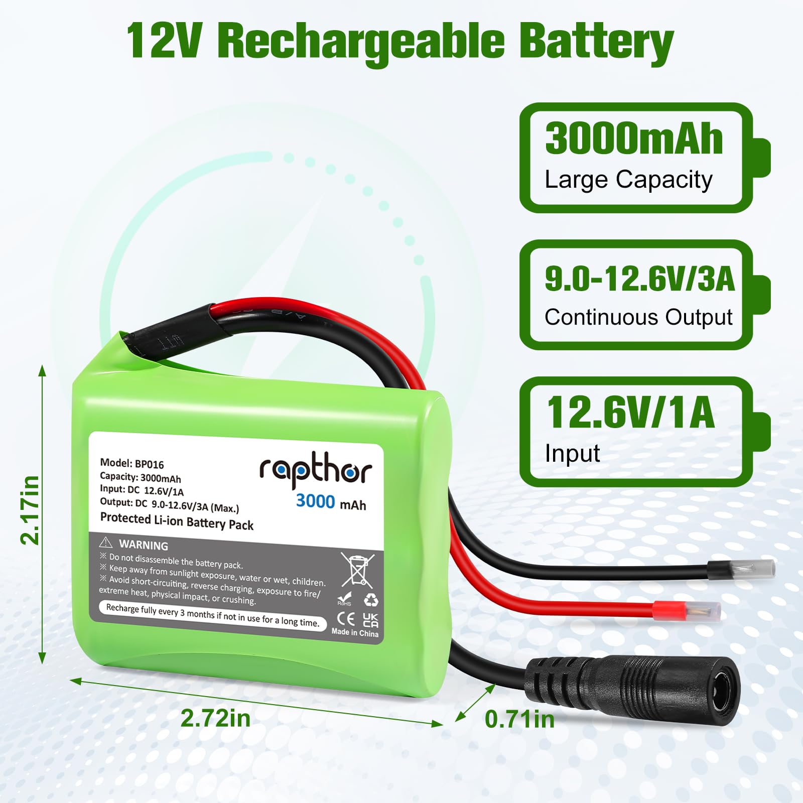 Rapthor 12V 3000mAh DC Wiederaufladbarer Lithium-Ionen-Akku 3Ah mit Ladegerät und DC5521-Stecker für Router, CCTV-Kamera, LED-Streifenlicht, DIY-Werkzeuge und andere 12-Volt-Geräte (kleine Größe)
