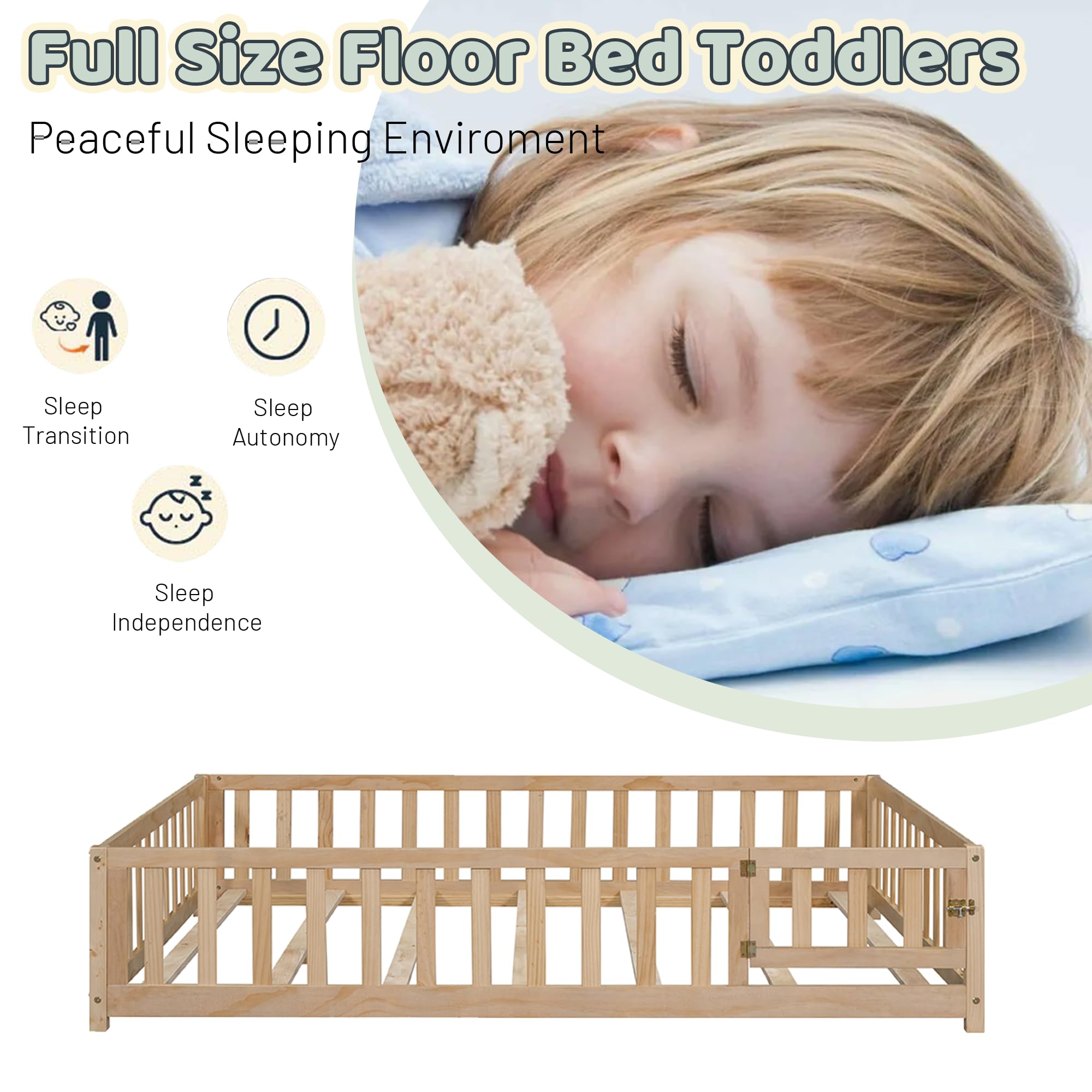 Full Size Floor Bed with Fence and Slats for Kids, Wooden Montessori Bed with Door and Safety Guardrails for Kids, Boys Girls, No Box Spring Needed, Natural