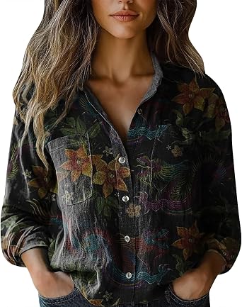 Womens Vintage Boho Tops Minimalist Print Long Sleeve V Neck Button Down Shirts Ethnic Blouses Casual Loose Tunics