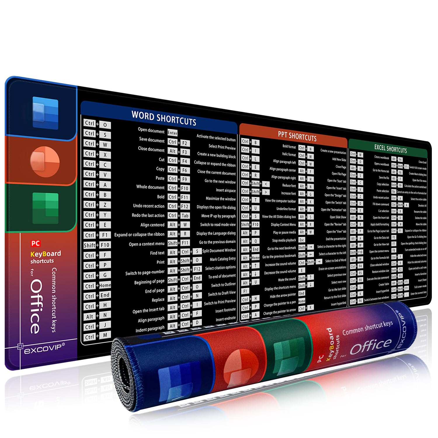 excovip Large Mousepad XL, Office Shortcut Mouse Pads, Extended Computer Mouse Pad/Desk Mat with Stitched Edges for Word/Excel/PPT (800x300mm) 0060