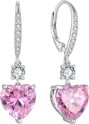 Vesitim Solitaire Heart Dangle Earrings 925 Sterling Silver Heart-Shaped Birthstone Gemstones Leverback Earrings for Women Jewelry Gift