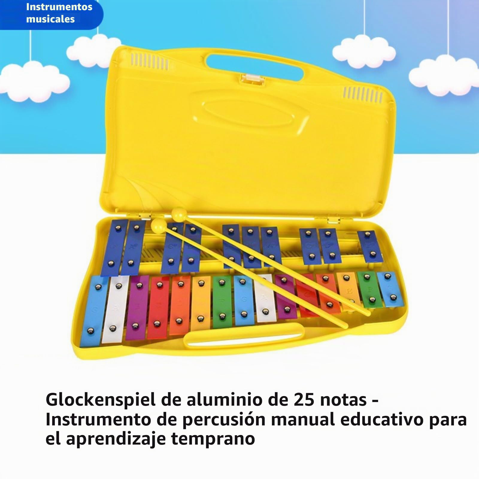Xilófono Glockenspiel Metalófono 25 Teclas Metálicas Instrumento ，musical de placa de aluminio de 25 tonos, percusionado a mano， con Estuche Amarillo ，Metalófono Percusión Manual