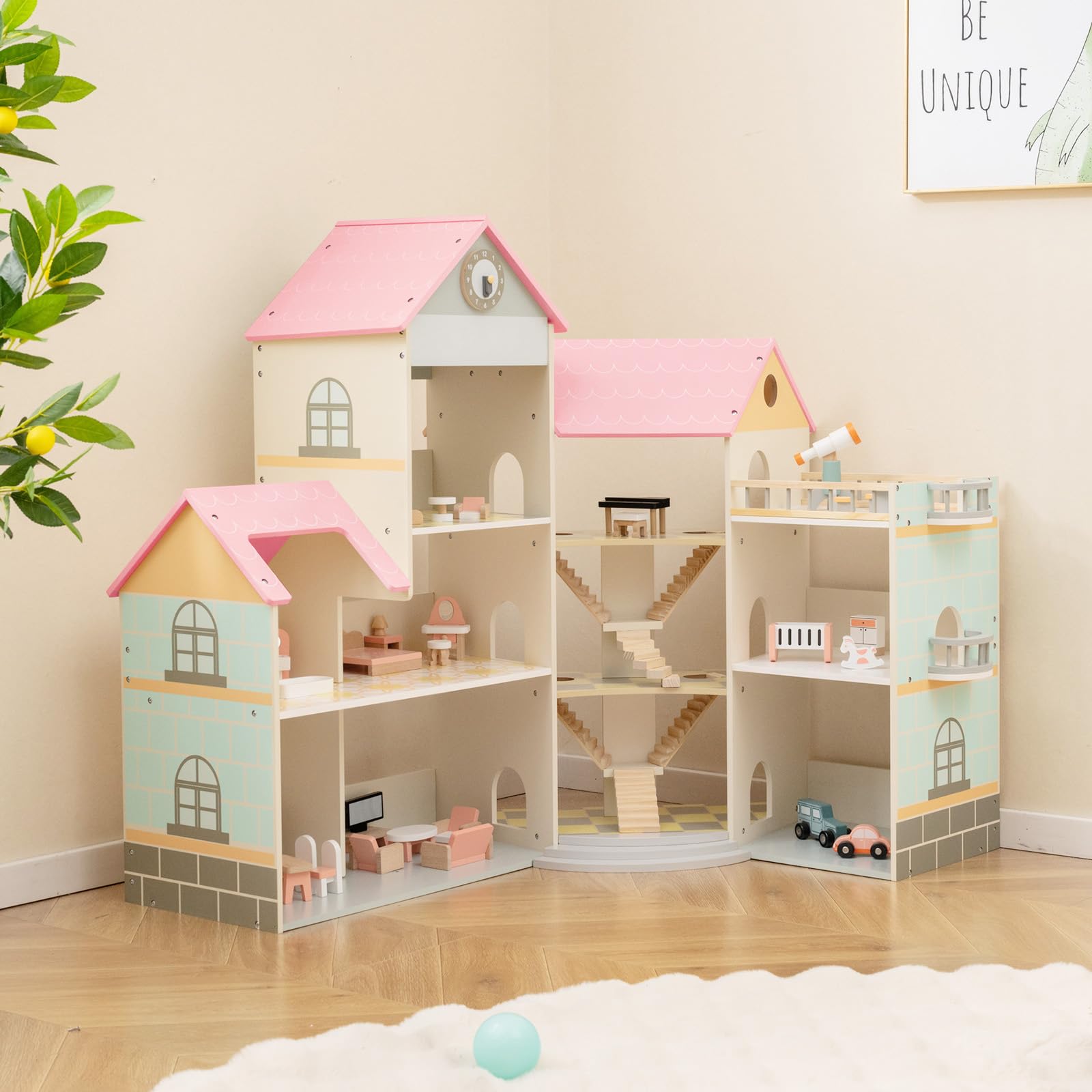RELAX4LIFE Casa delle Bambole Alto 95 cm, Villa di Lusso in Legno, 41 Mobili e Accessori inclusi, Cameretta, Terrazza e Garage, Giocattolo per Bambini 3+ Anni (ROSA)