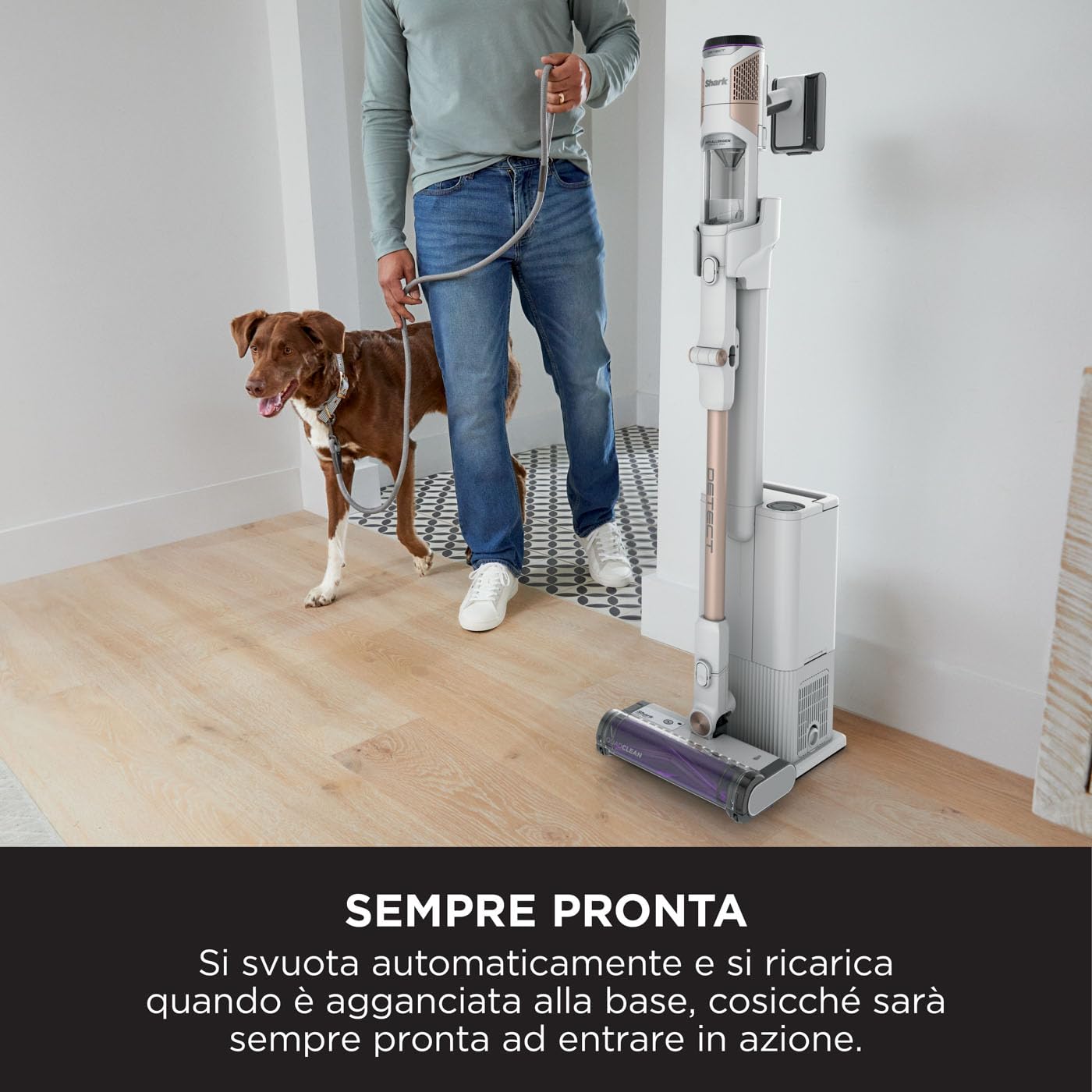 Shark Detect Clean & Empty, aspirapolvere senza filo, aspirazione potente con DirtDetect, base a svuotamento automatico da 2 L, autonomia 60 min, Anti Hair Wrap, bocchetta per fessure, bianco IW3612EU