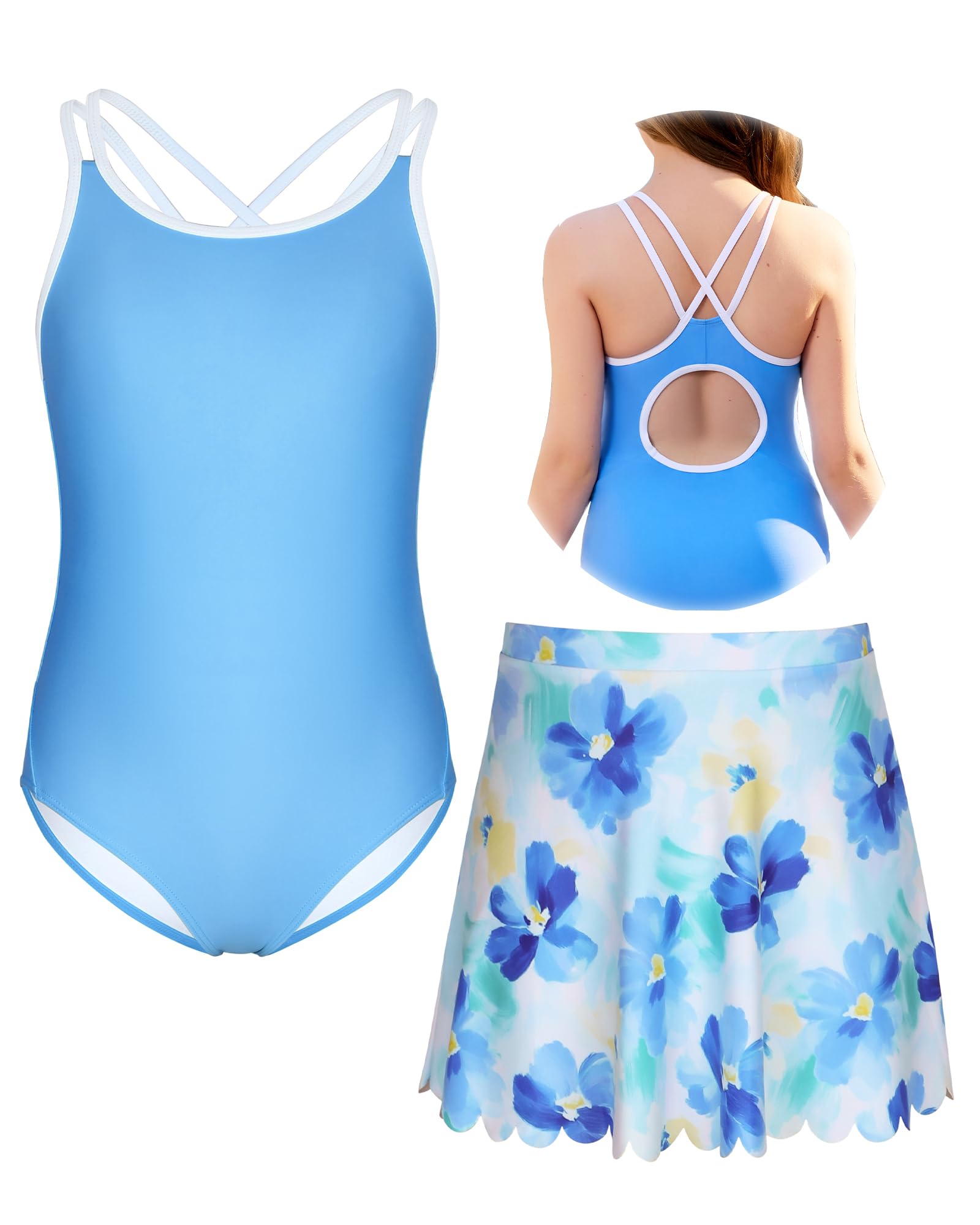 beautyin Girls One Piece Swimsuit with Skirt Bathing Suit Crisscross Back Swimwear Size 8-14