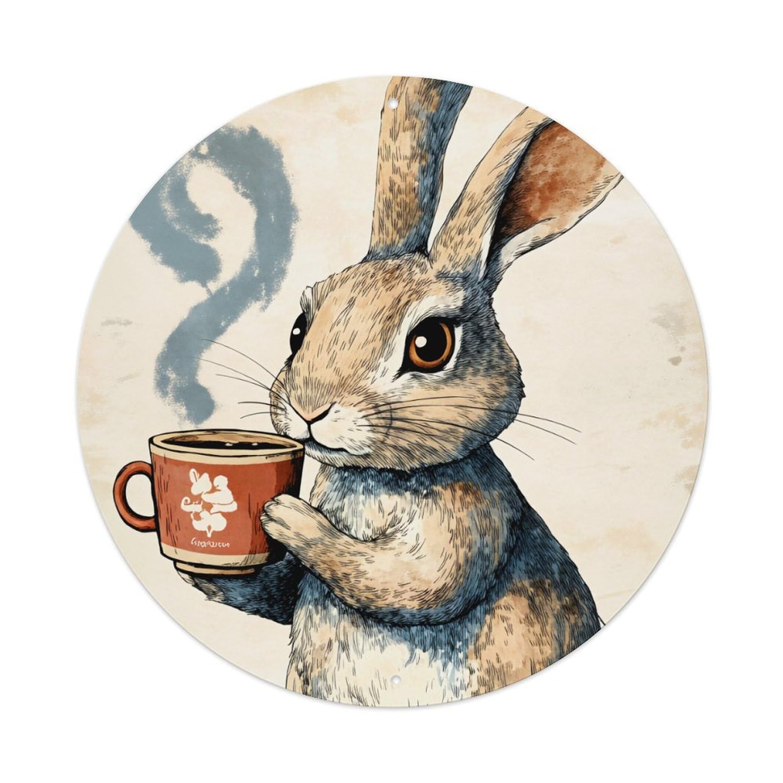Rabbit Holding Coffee Cup With Question Mark Round Tin Sign Retro Metal Sign for Cafe Bar Pub Home Game Room Gym Club Wall Decoration Vintage Metal Poster 8x8 Inch