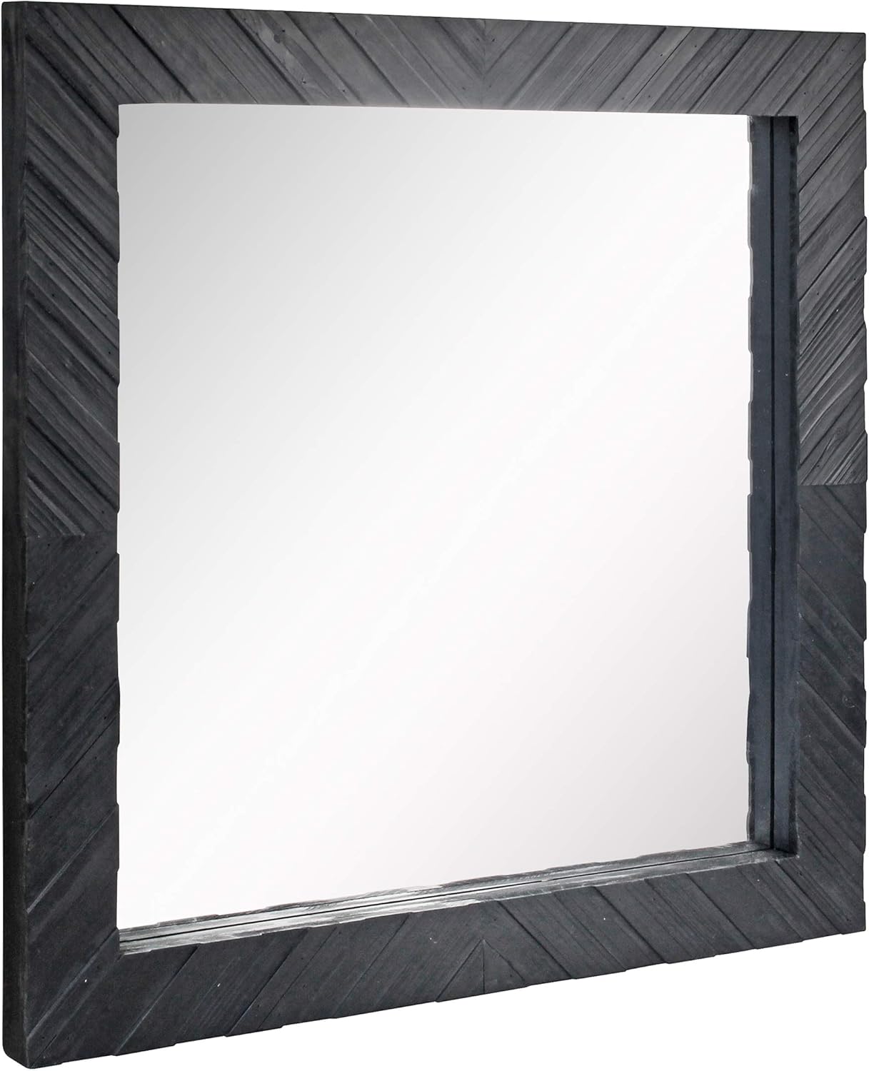 Stonebriar Black 20" x 20" Square Textured Black Wooden Chevron Hanging Wall Mirror with Attached Mounting Brackets, Decorative Decor for the Living Room, Bedroom, Bathroom, Hallway, and Entryway