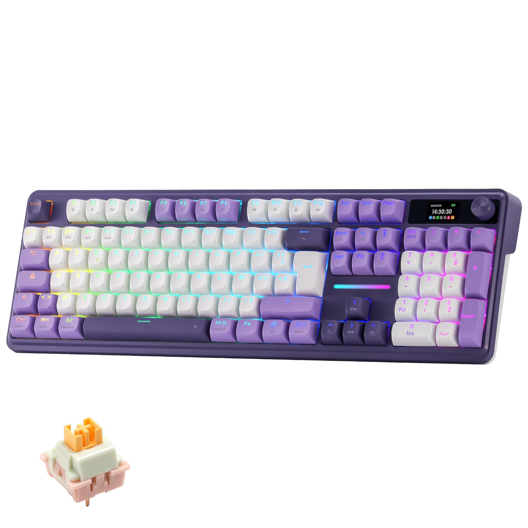 Redragon K762 Pro Clavier Mécanique AZERTY sans Fil Écran TFT et Molette | Tri Mode 2,4 GHz BT USB C Gasket 5 Couches Amortissement Touches PBT Rondes Switch Yolk Linéaire