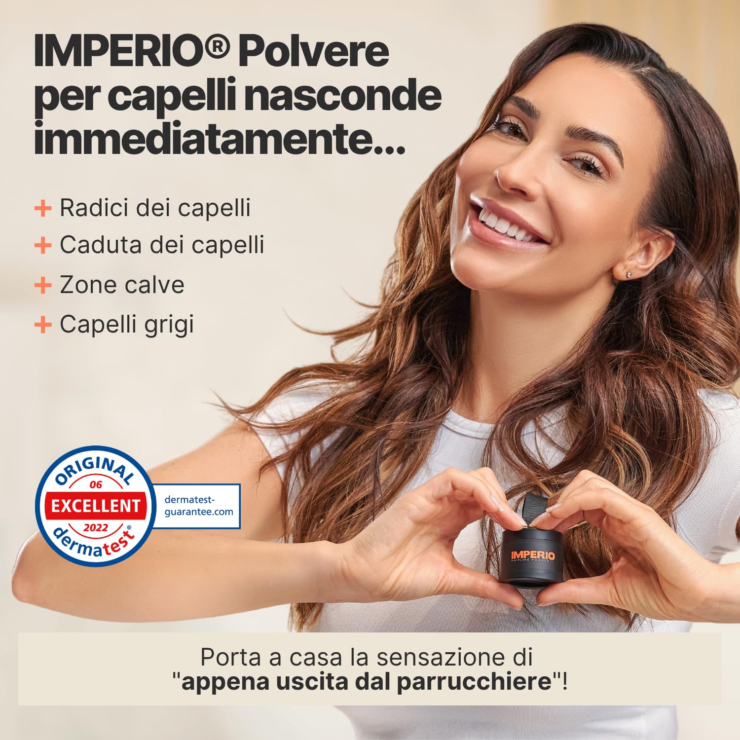 Polvere per capelli IMPERIO - Correttore per infoltimento capelli per donna e uomo, mascara per capelli waterproof per nascondere la ricrescita - 4g (castano scuro)