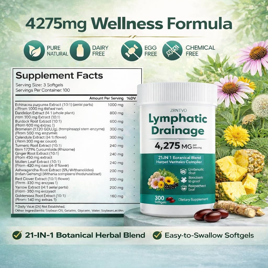Lymphatic Drainage Supplement, 300 Softgels, 4275mg Lymphatic Drainage Capsules, Lymphatic Support 21-in-1 Herbal Blend with Echinacea, Dandelion, Burdock, Bromelain, Calendula, Turmeric