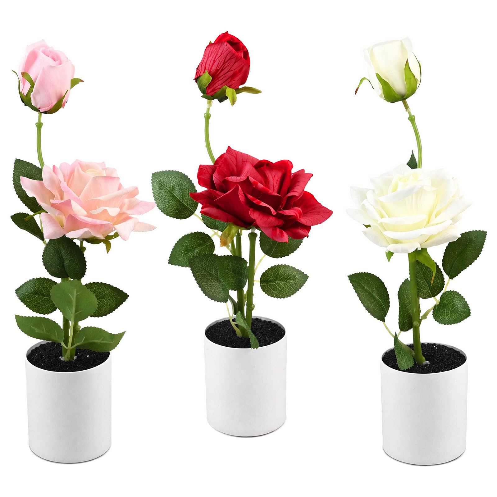 Rosas artificiales en maceta de 28 cm planta falsa decorativa blanca y roja
