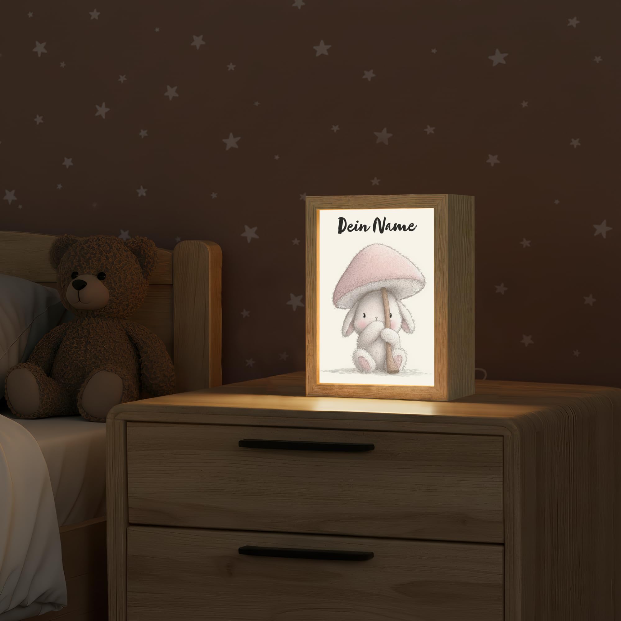 Nachtlicht Kinder Mit Name 15x20 cm Baby Lampe Kinderzimmer Kindernachtlicht Personalisiert Stilllicht Kinderlampe Pilz - Kaninchen - Rosa