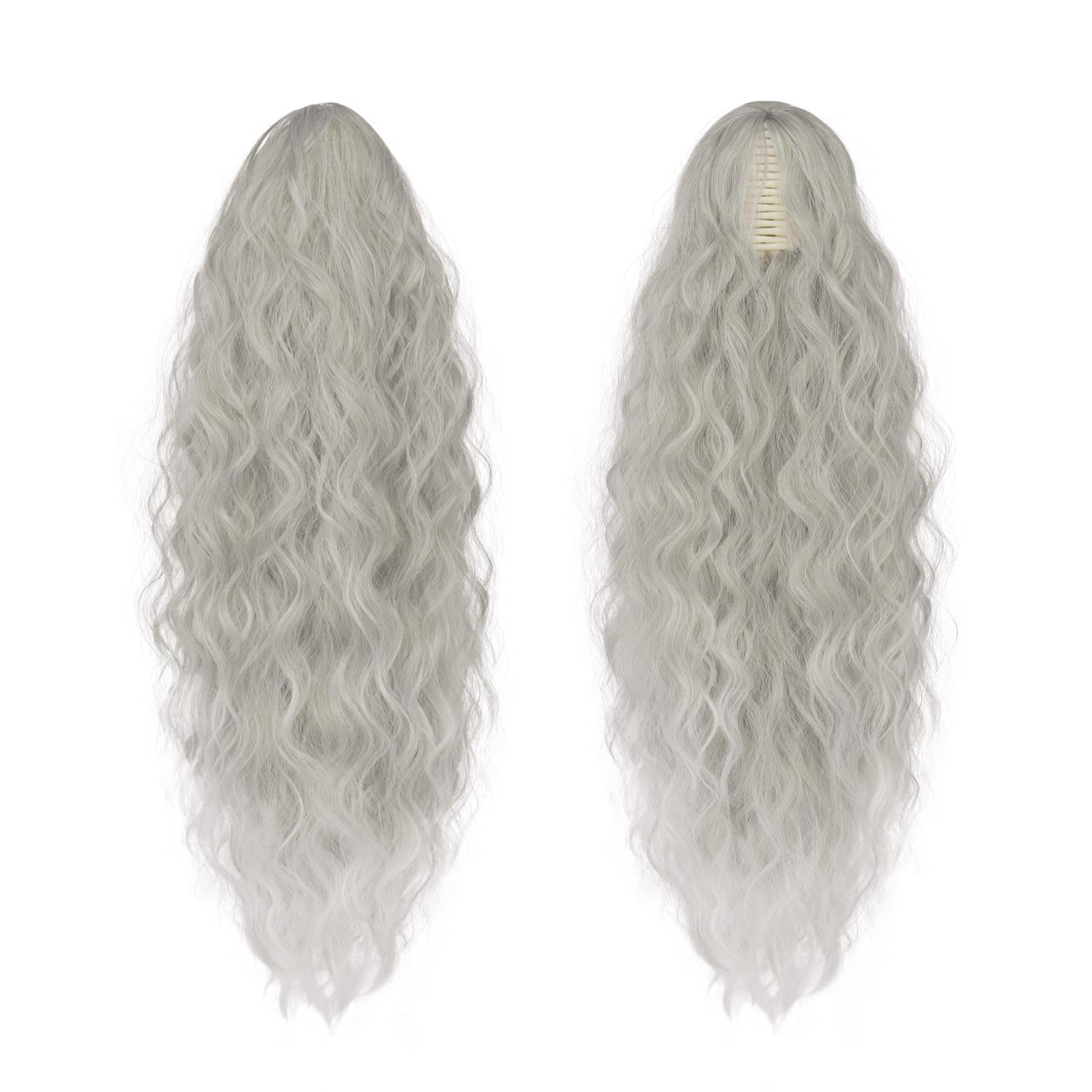 FESHFEN Claw Clip Ponytail Extensions, Long Pony Tail Hair Piece Wavy Curly Synthetic Hairpieces for Women Grey 30 inch - Image 2