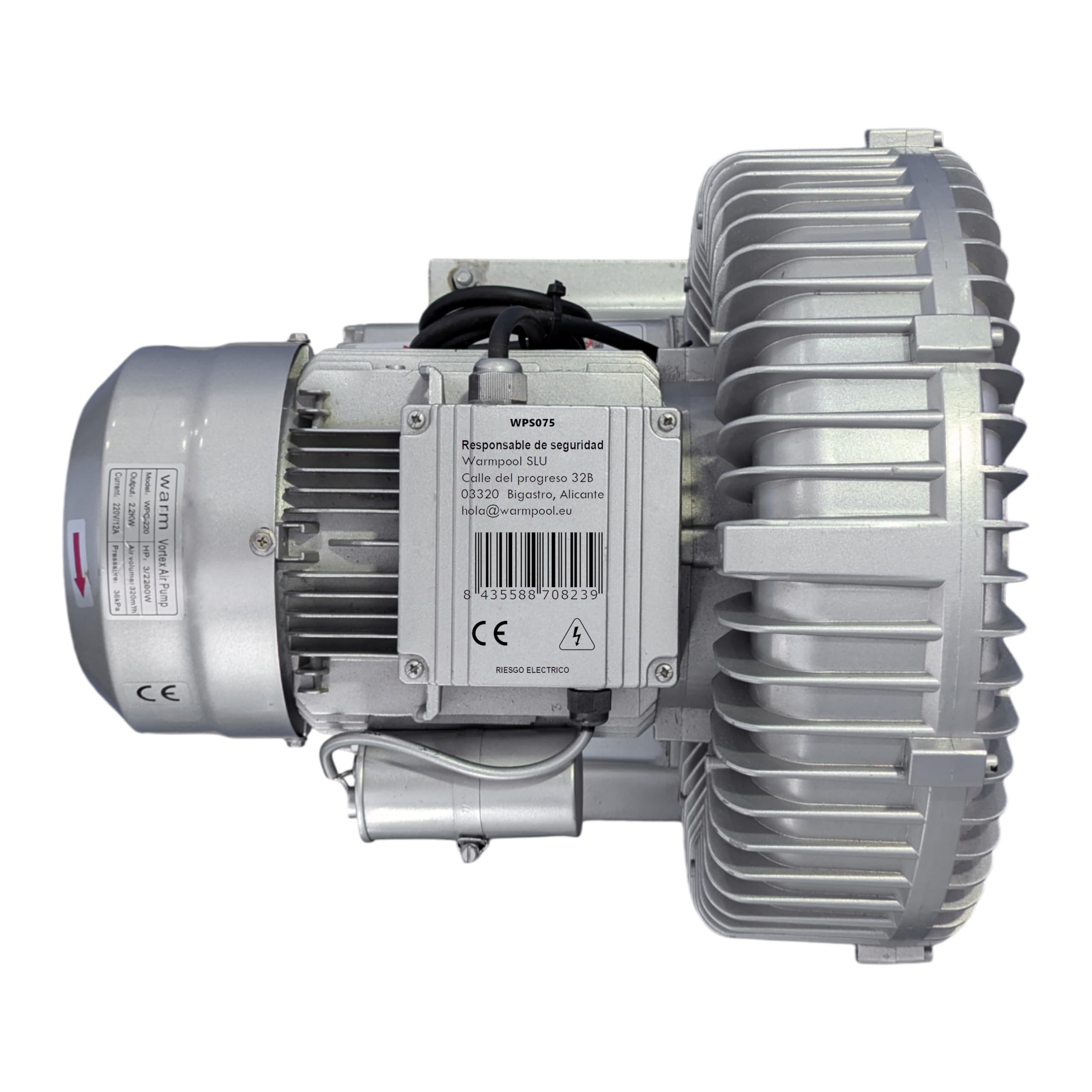 Bomba de Aire Soplador de Canal Lateral para Spa y Jacuzzi, Uso Continuo, Aluminio, 0,75 kW, 220V