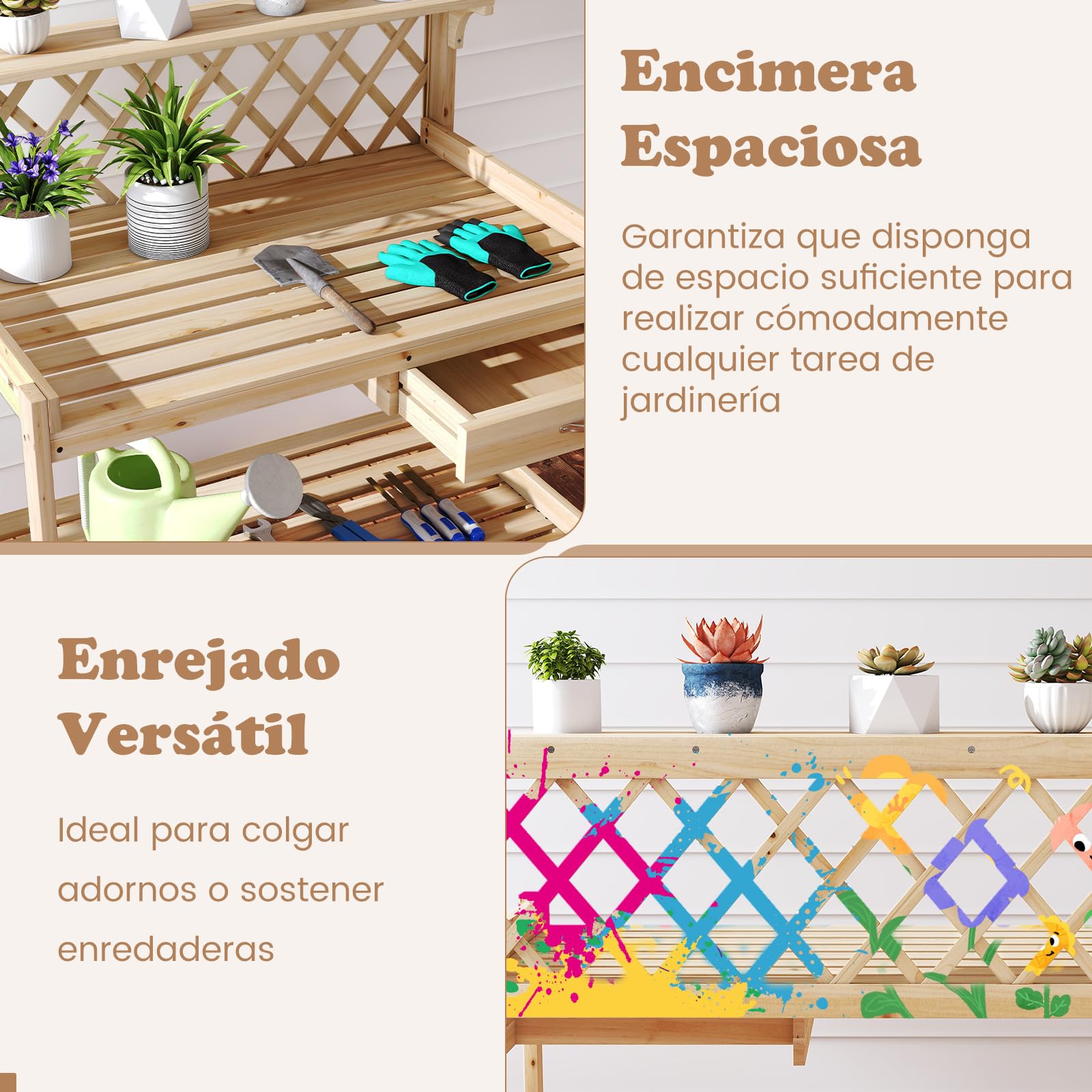 COSTWAY Mesa de Plantación de Madera, Estación de Trabajo de Plantación con Enrejado, Cajón Extraíble, Estante Superior, Mesa de Trabajo de Jardín para Interior y Exterior, 90 x 59 x 88 cm