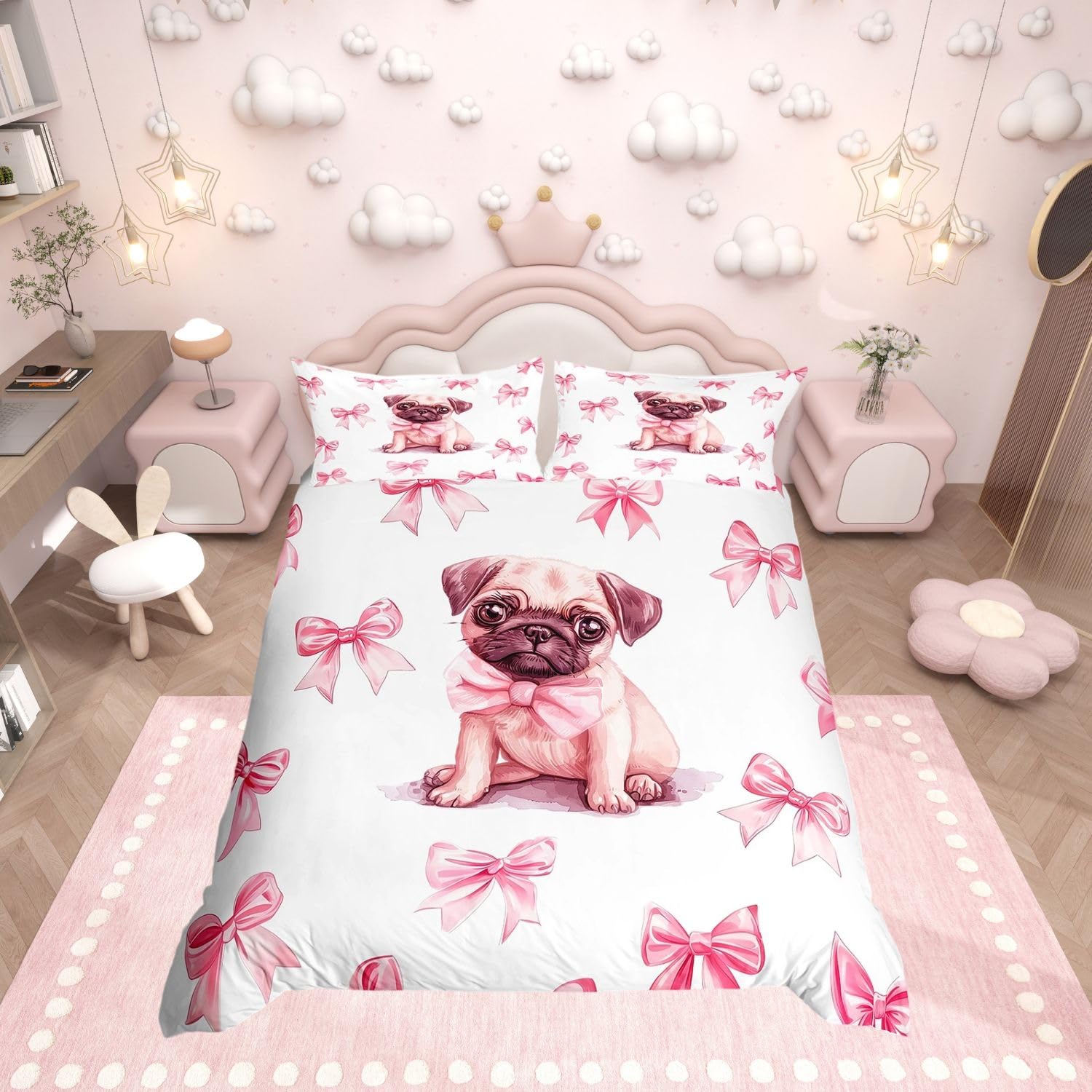 Parure de Lit Fille Rose Nœud Princesse 200x200 et Deux Taies 65x65