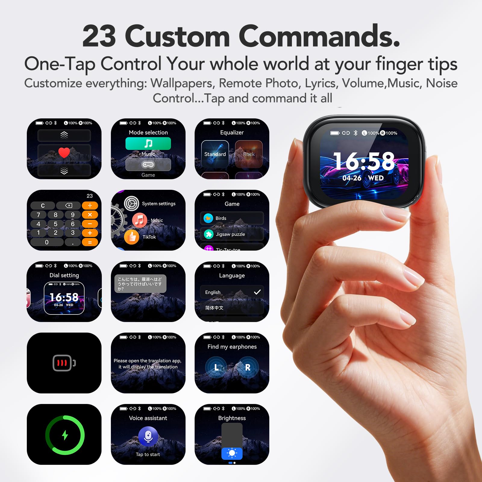Écouteurs Traduction Instantané 134 Langues Bluetooth Sans Fil avec Écran Tactile Noir
