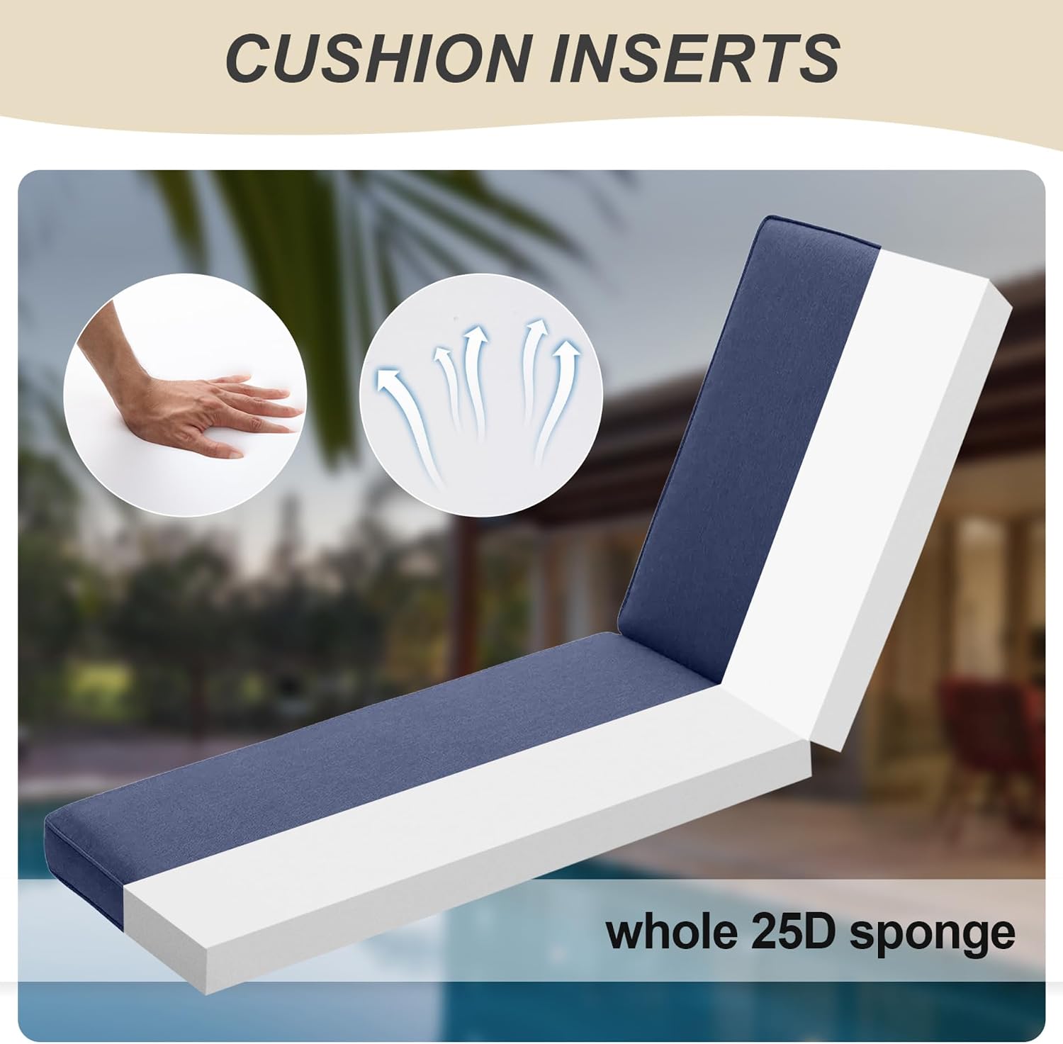 BPS 72x22 Inch Outdoor Chaise Lounge Cushions 2-Pack, Fade & Water Resistant Olefin Fabric Patio Chair Cushions, Removable Cover & Adjustable Straps for Sunbathing, Tanning Loungers & Recliners