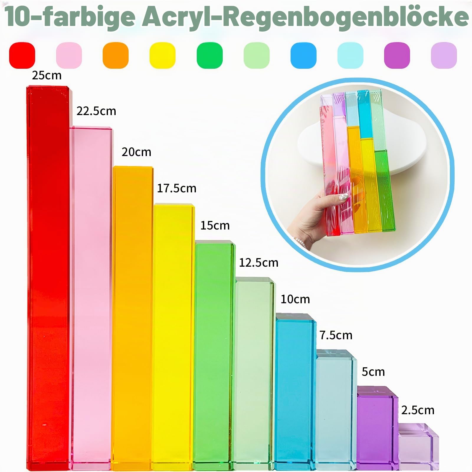10-teiliges Acrylbausteine Set, Regenbogen Stufen Bausteine Set | Acryl Bausteine Set Transparente Lichtbausteine zum Stapeln, Farbenlernen & Sensorisches Spielzeug für Kinder