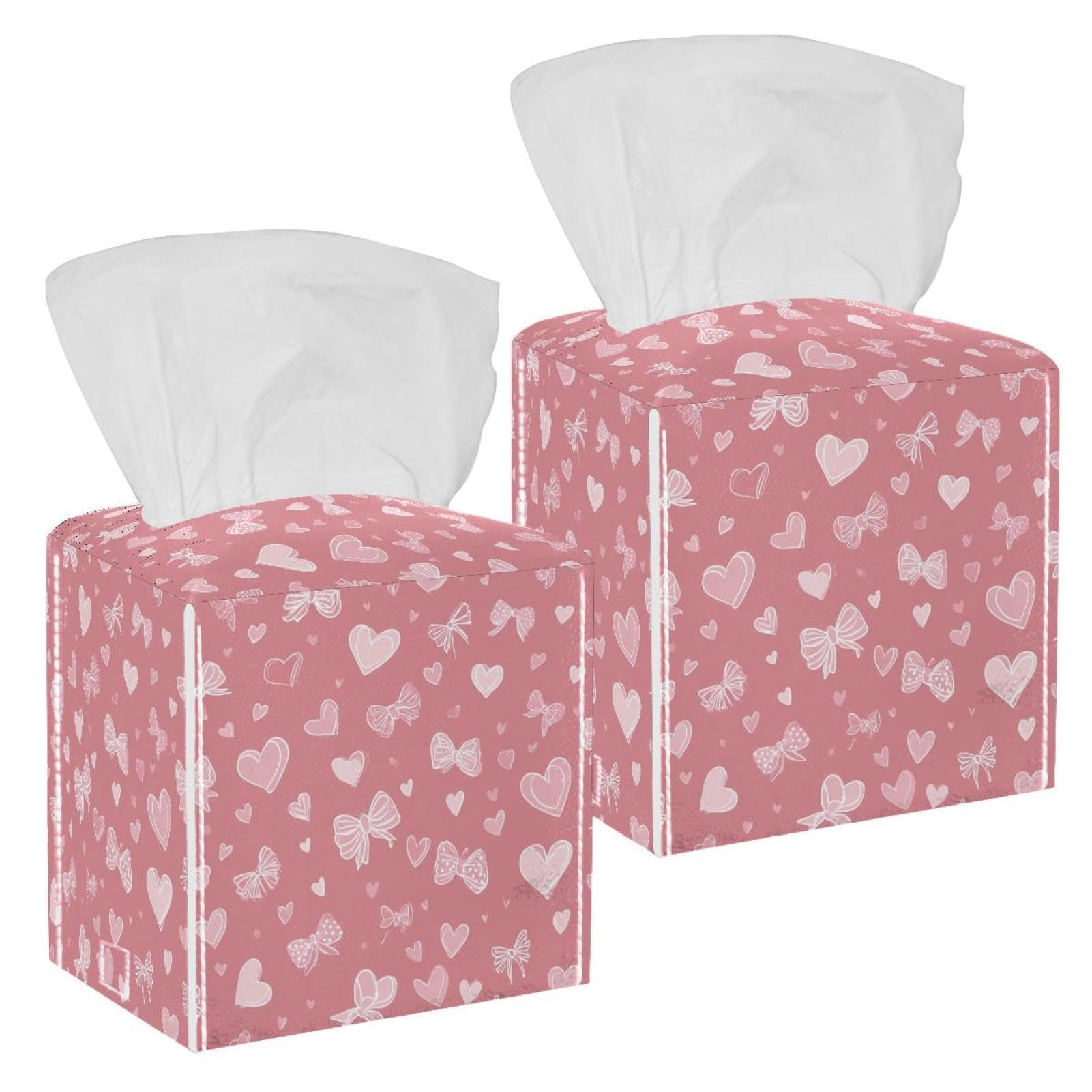 Hearts and Bows Tissue Box Cover, 2 Pack PU Leather Square Facial Tissue Dispenser Box holder for Home Office Car