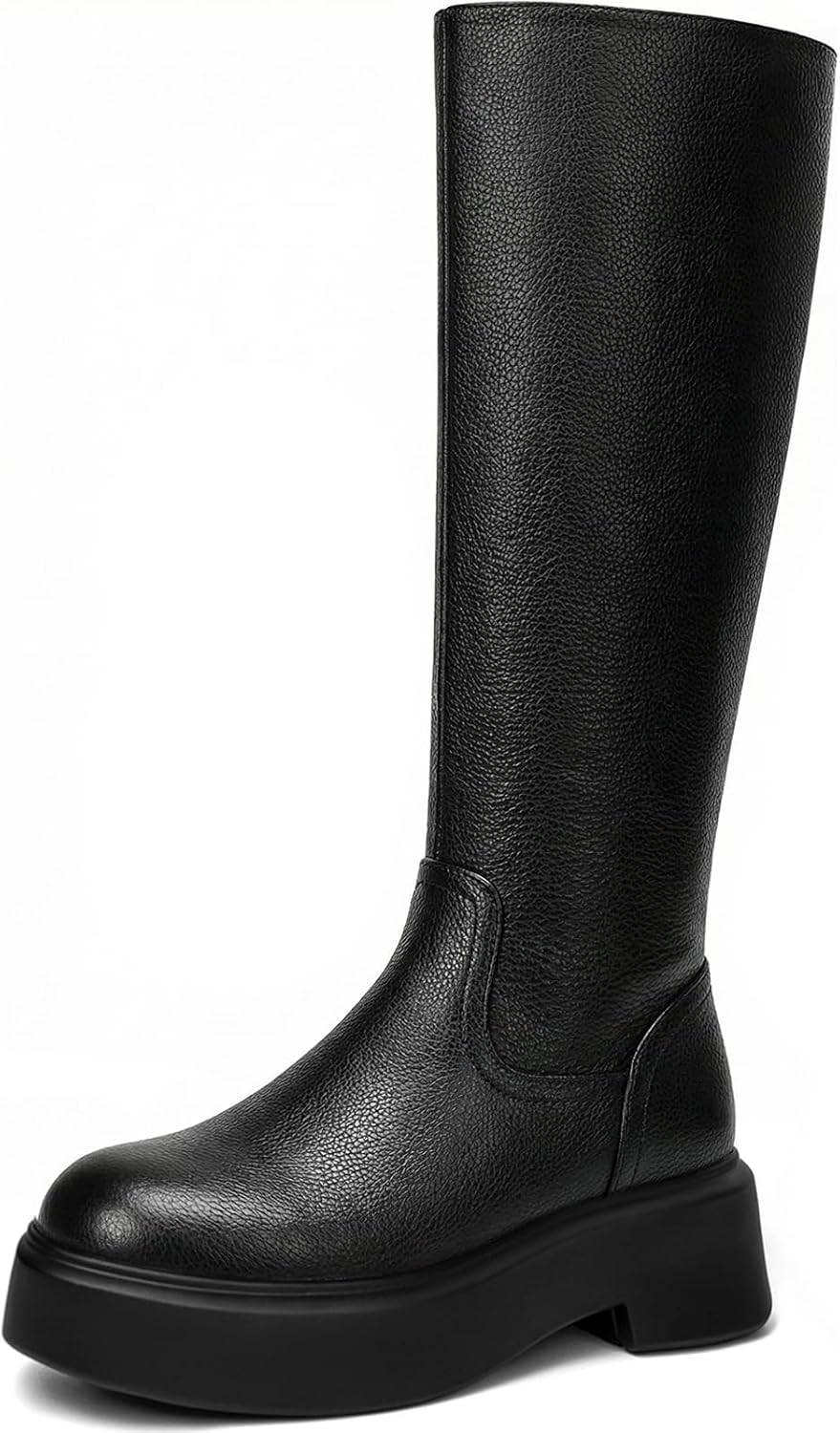 BeeLg Women's Platform Ankle Boots Chunky Chelsea Short Fall Booties Front Zipper Combat Leather Boot