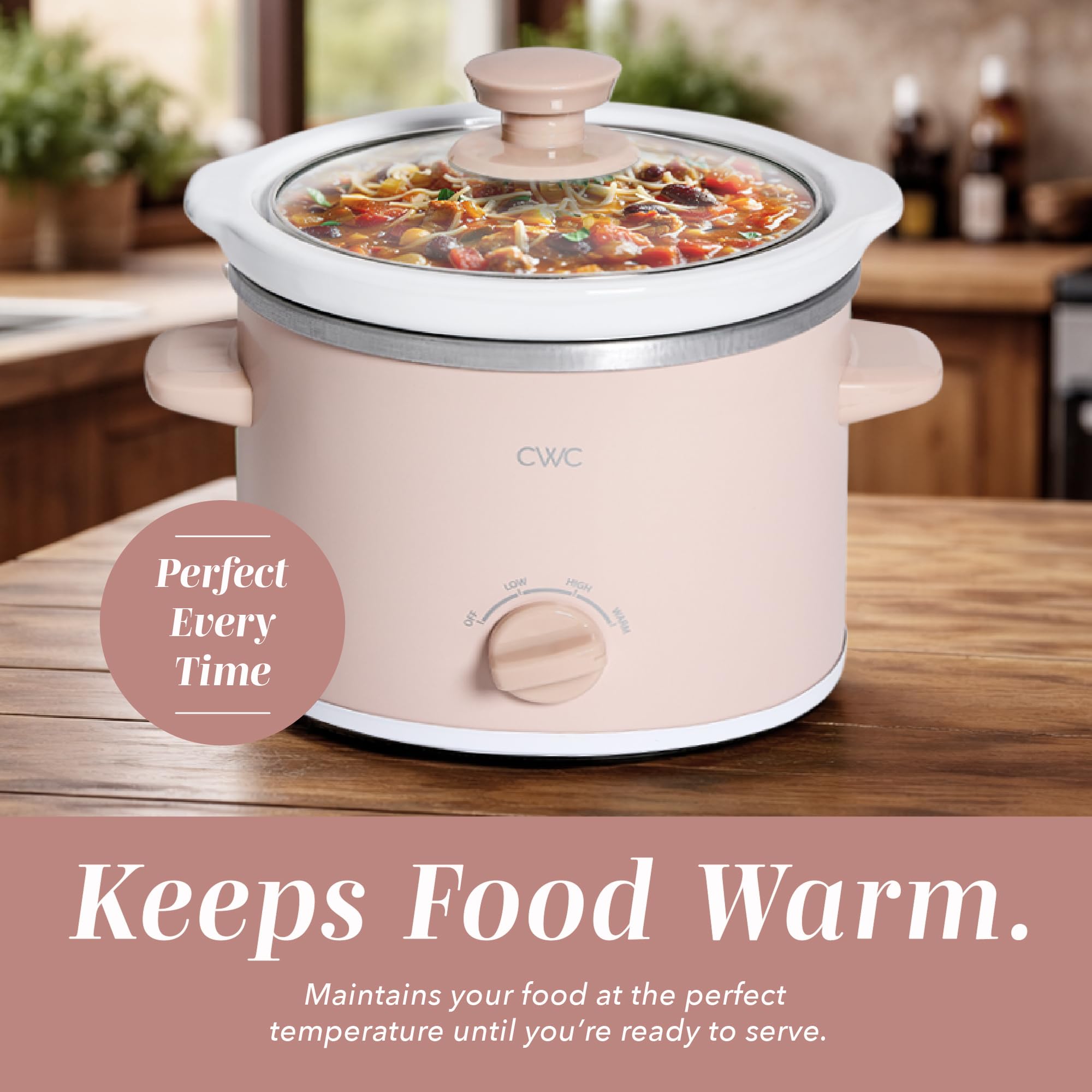 COOK WITH COLOR 2QT Mini elektryczny okrągły wolnowar – regulowane ustawienia, zdejmowany garnek z kamionki, pokrywka ze szkła hartowanego, nadaje się do mycia w zmywarce, uchwyty boczne Cool-Touch