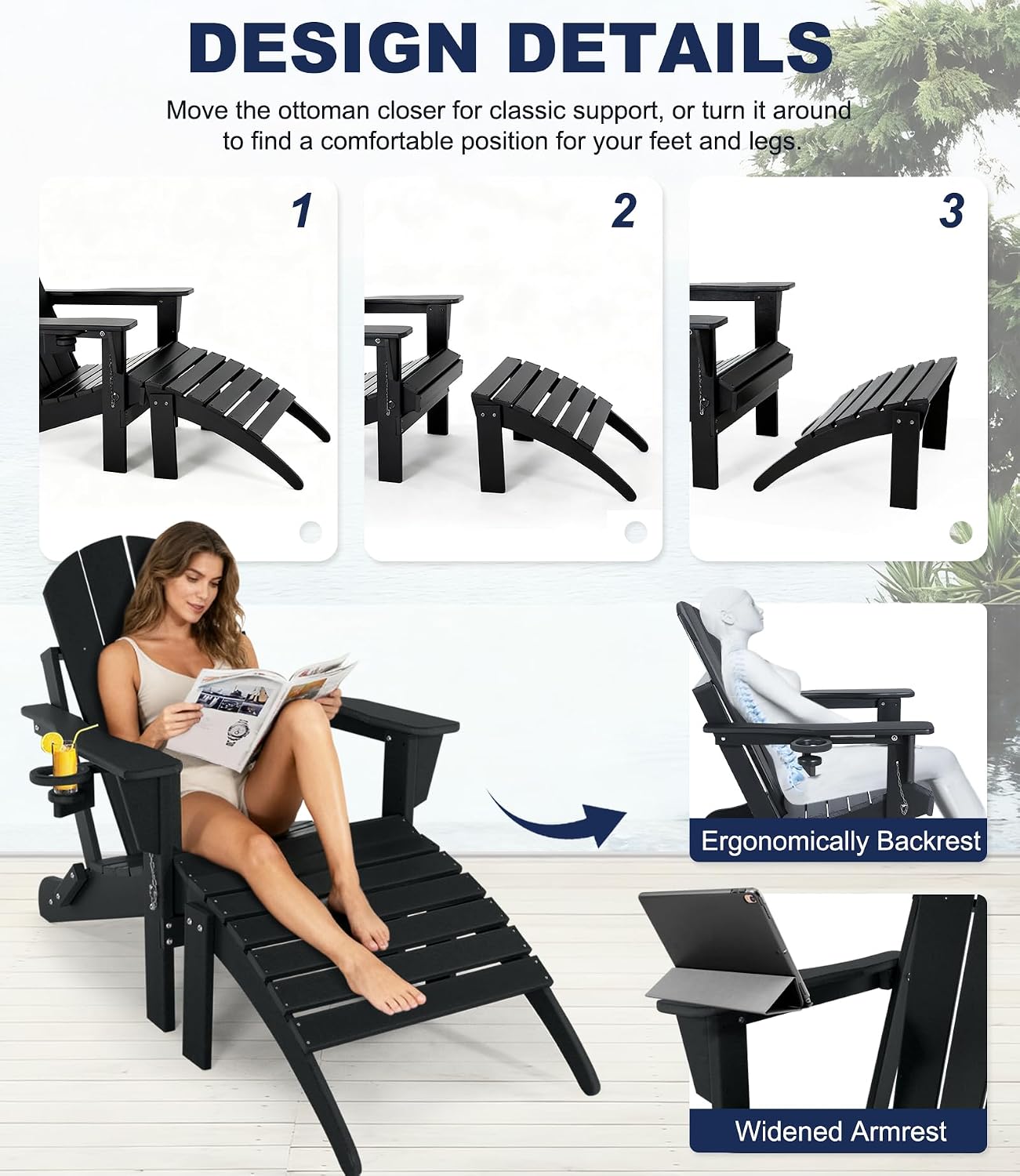 Adirondack Chair with Ottoman | Folding | Outdoor Patio Chair with Removable Footrest | HDPE Plastic All-Weather Resistant | Cup Holder | for Backyard and Garden | Matte Black