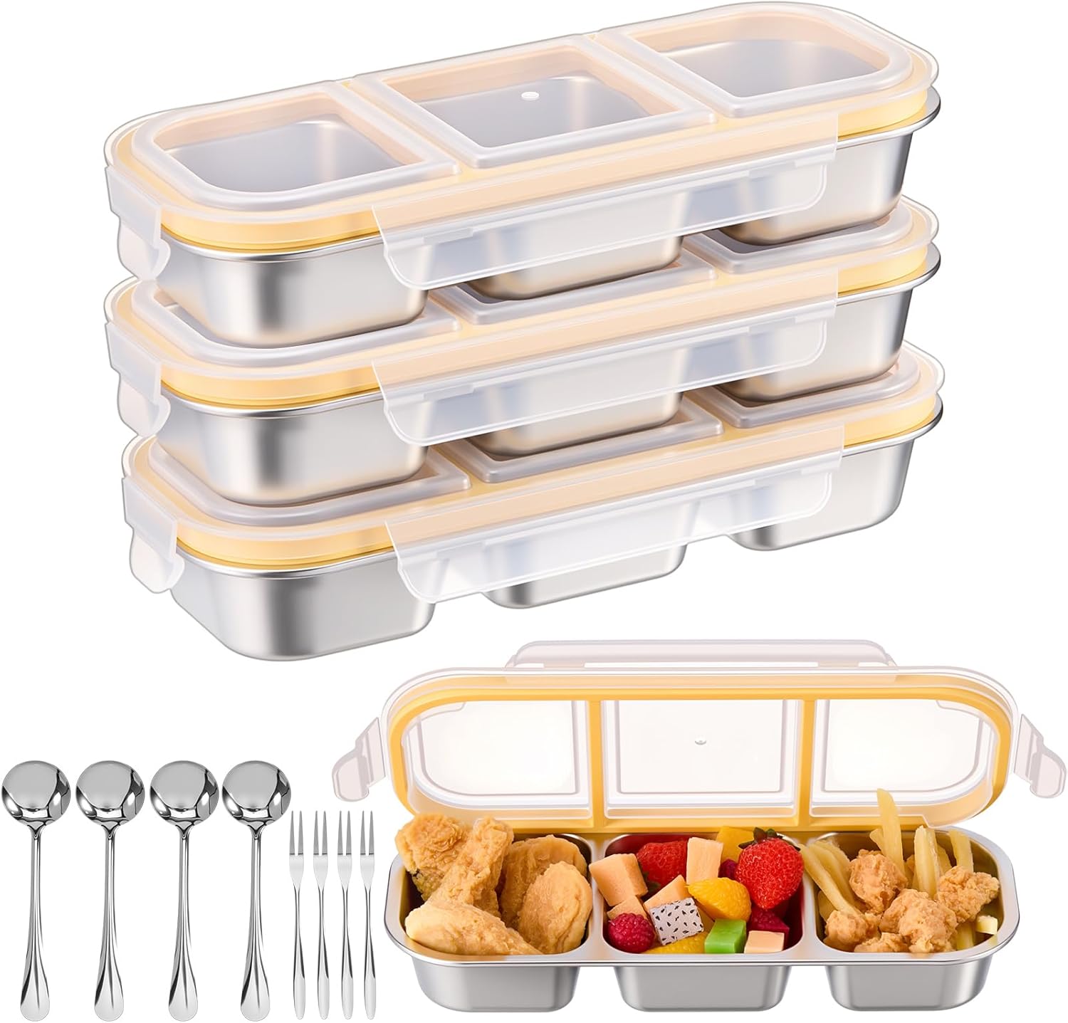 LemonRoad 4 Sets Stainless Steel Snack Containers for Kids Adults Reusable 3 Compartment Snack Boxes with Lids Leak Proof Metal Bento Lunch Boxes with Forks and Spoons for School Work Travel