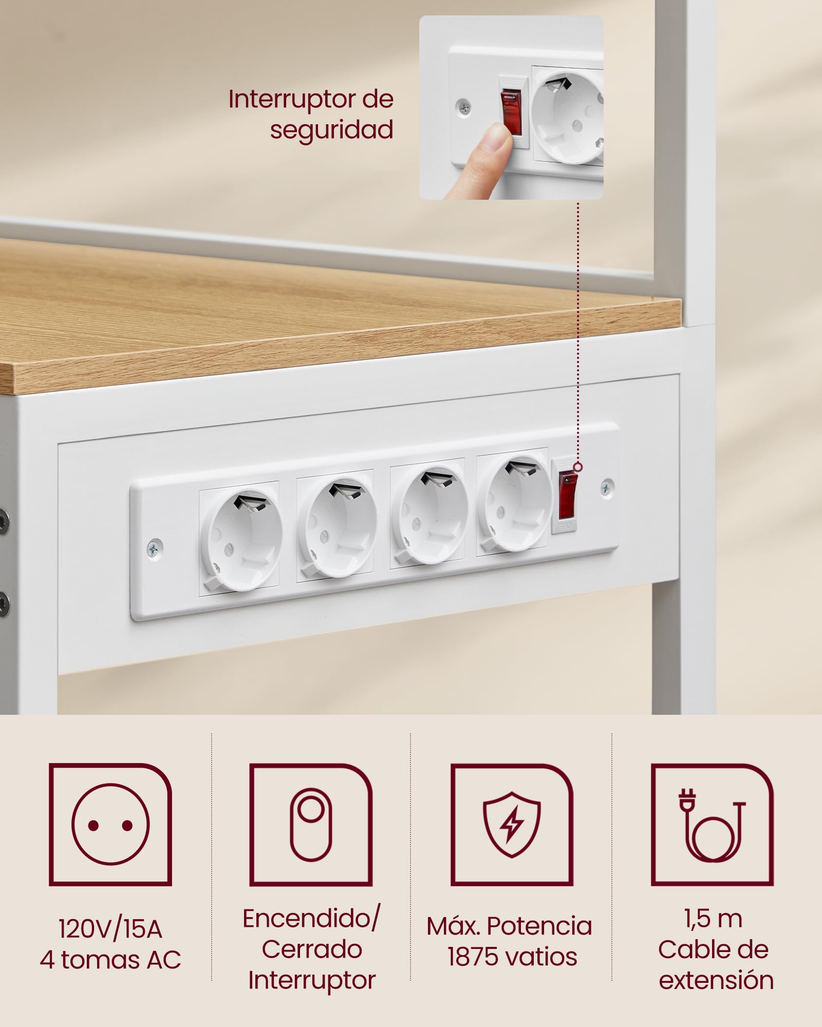 VASAGLE Estantería de Cocina con Enchufes, Estantería de Panadería, Barra de Café, 8 Ganchos en S, Cesta, Especiero, 40 x 90 x 165,5 cm, Roble Dorado y Blanco Nube KKS031Y19