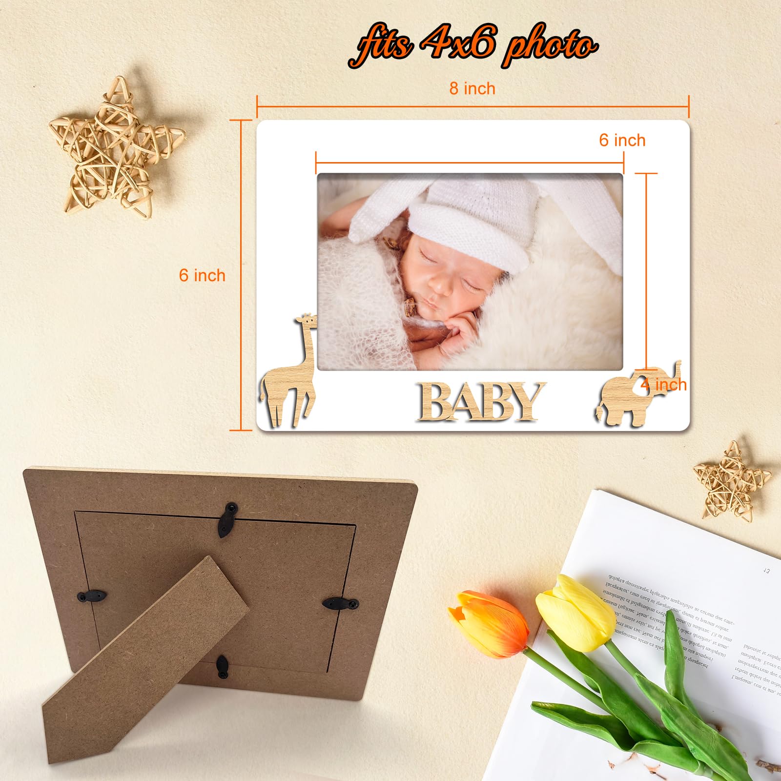 OXEDP Baby Memories Picture Frame, Yellow Walnut Giraffe Elephant Baby Picture Frame, Gifts for Couple, Parents, grandparents, infants,Babies-XK45