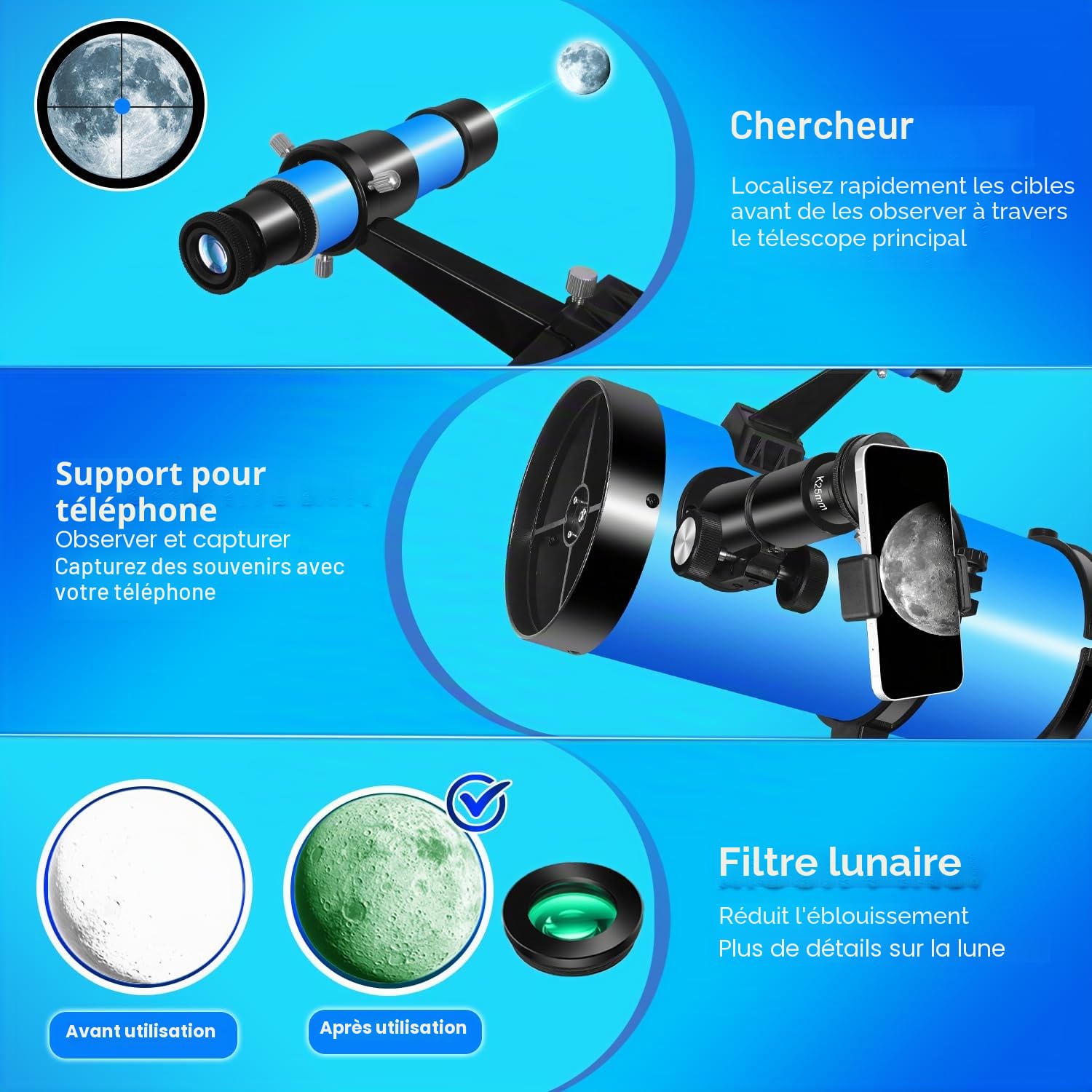 150EQ Télescope Astronomique, Professionnel Newton Réflecteur Télescope pour Adulte et Débutants avec Monture Équatoriale, Adaptateur Téléphone, Filtre Lunaire et Sac de Transport