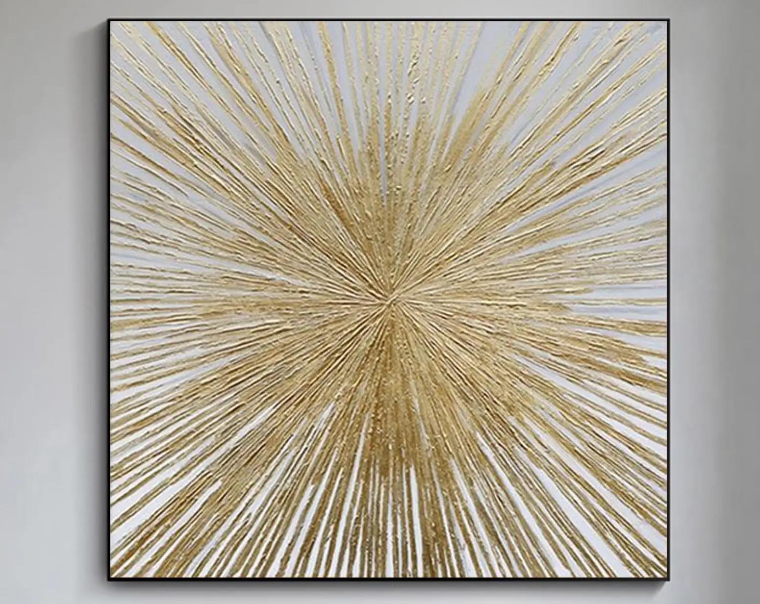 LIUYUYOUGO Gold Abstract Sunburst Canvas Wall Art 100% Hand Painted 3D Thick Textured Radial Artwork Oil Painting Modern Luxury Gold Foil Painting For Bedroom Home Decor 60X60Cm(24X24Inch)