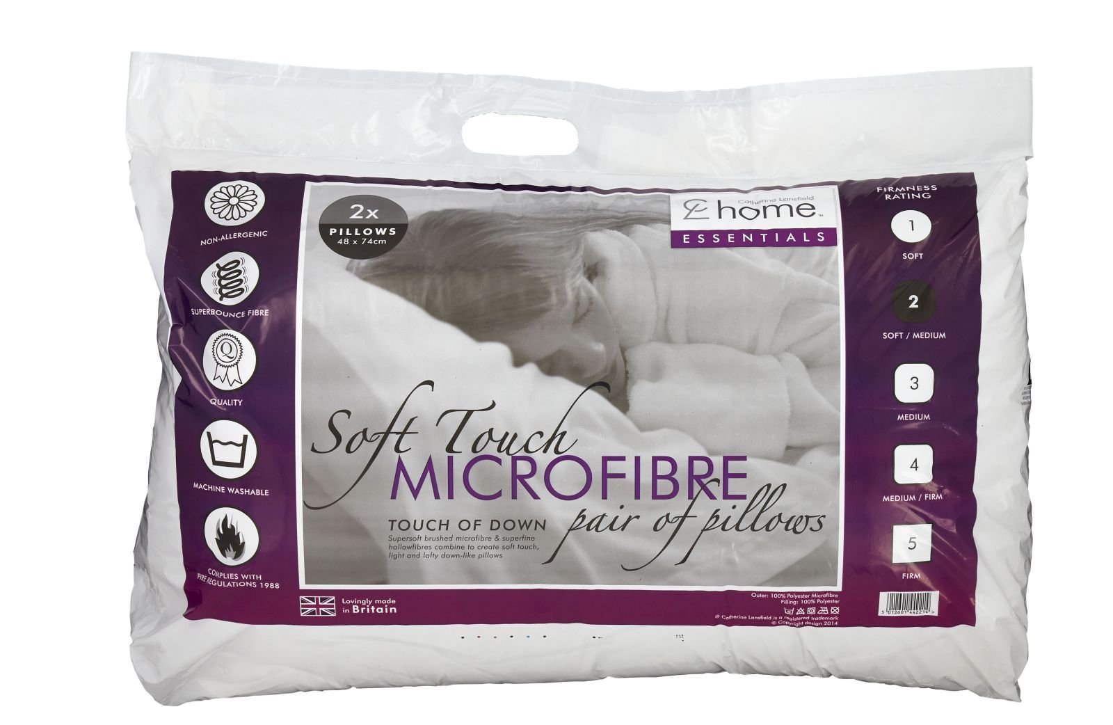 Catherine Lansfield Touch of Down Pair of Pillows, White, BD/37901/W/MPWP2/WH