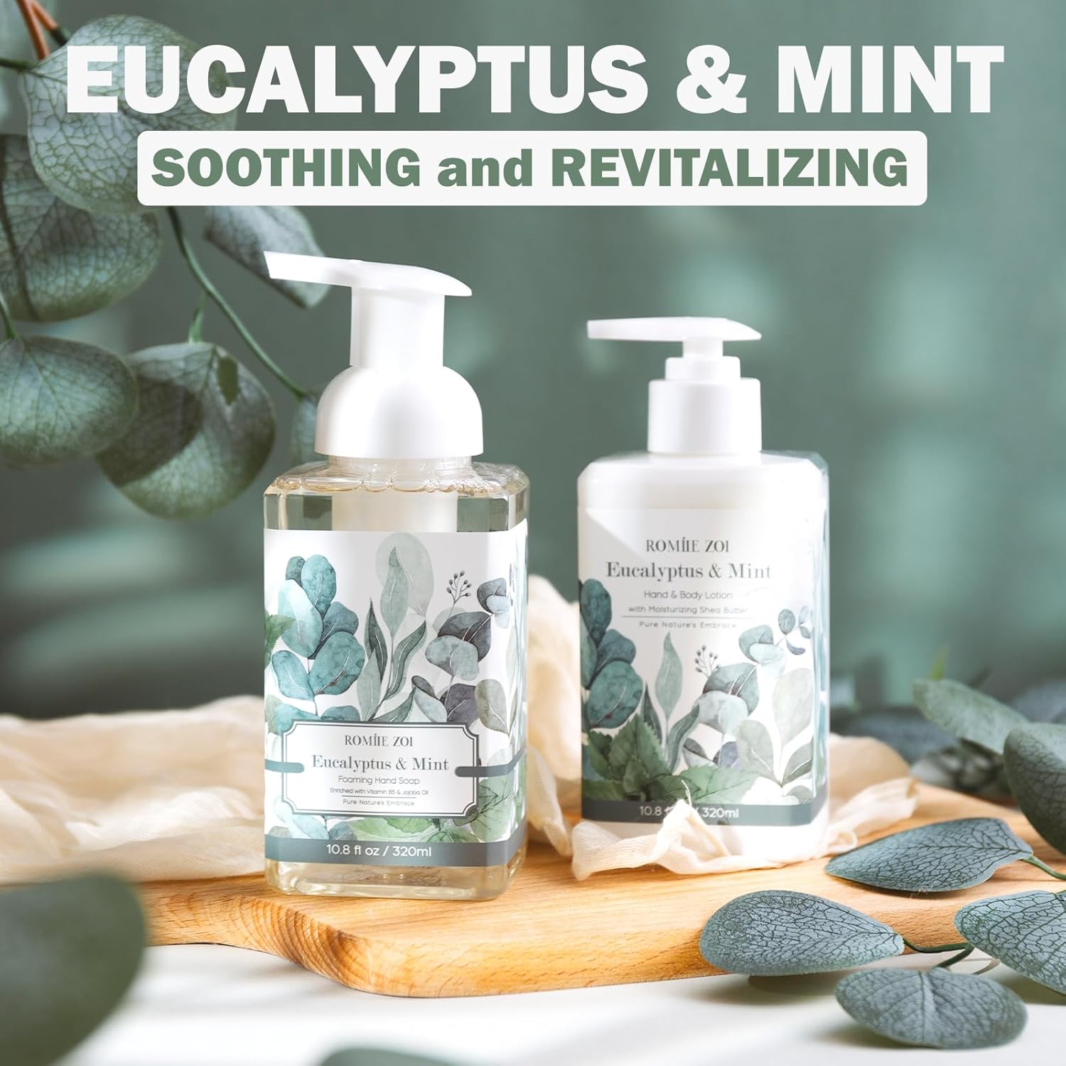 ROMIIE ZOI Eucalyptus Mint Foaming Hand Soap and Lotion - 320ml / 10.8 Fl Oz Each - Soothing Aromatherapy for Hands - Part of Luxury Bath & Body Gift Set