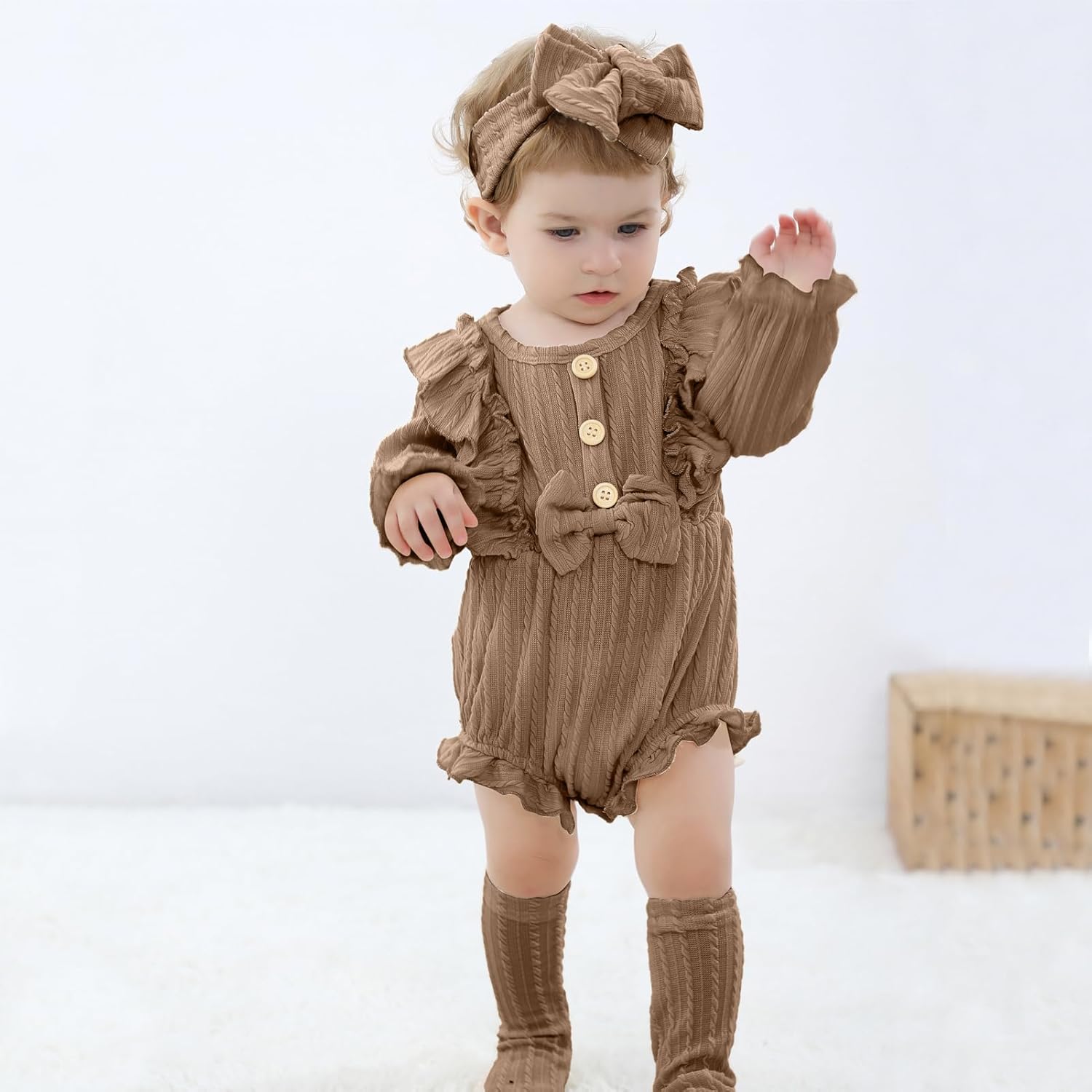 GRNSHTS Newborn Baby Girl Clothes Ruffle Solid Sweater Long Sleeve Romper+Hairband+Socks 3Pcs Fall Winter Outfits - Image 6