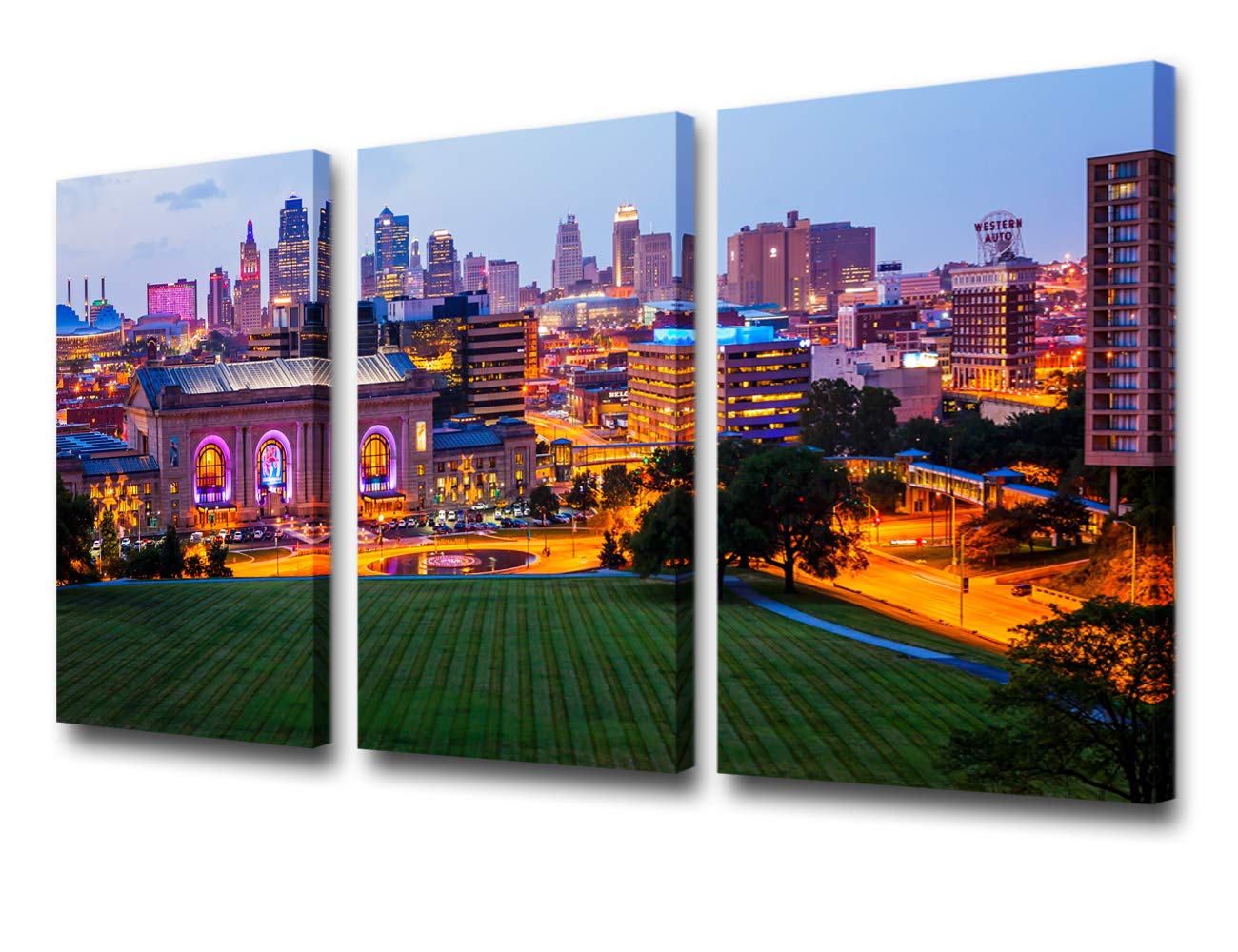 Buildings of Kansas City , Missouri with Wide Square Wall Art Painting Pictures Print On Canvas City The Picture for Home Modern Decoration Stretched and Frame Ready to Hang 24‘’ x 12‘’ x 3 panels