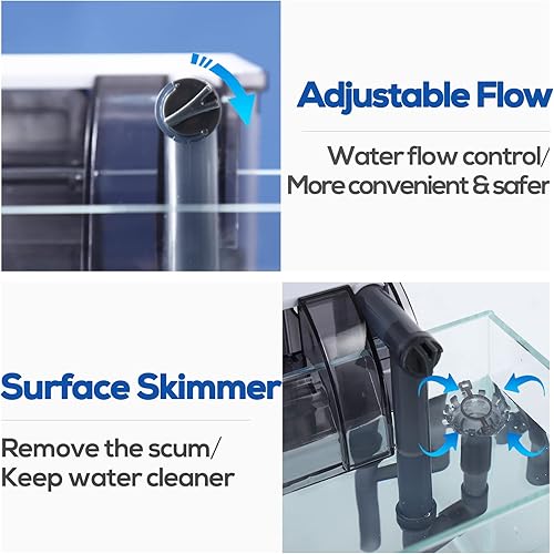 Miniatura 5 de Filtro de acuario con desnatador de superficie, filtro de tanque de peces pequeño de 10 galones, filtración de 3 capas, flujo de agua ajustable,