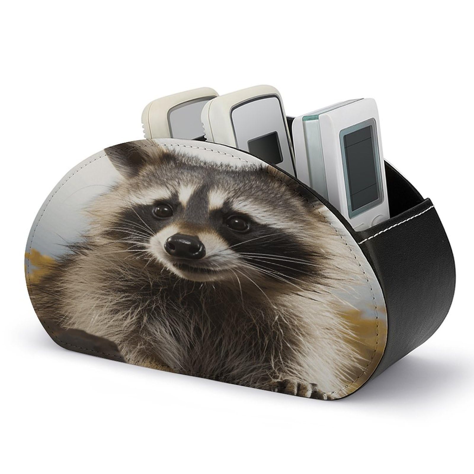 VstaDank Hairy Raccoon Remote Control Holder with 5 Compartments PU Leather TV Remoter Caddy Desktop Organizer TV Remote Holder Remote Box for Media Controllers Office Supplies