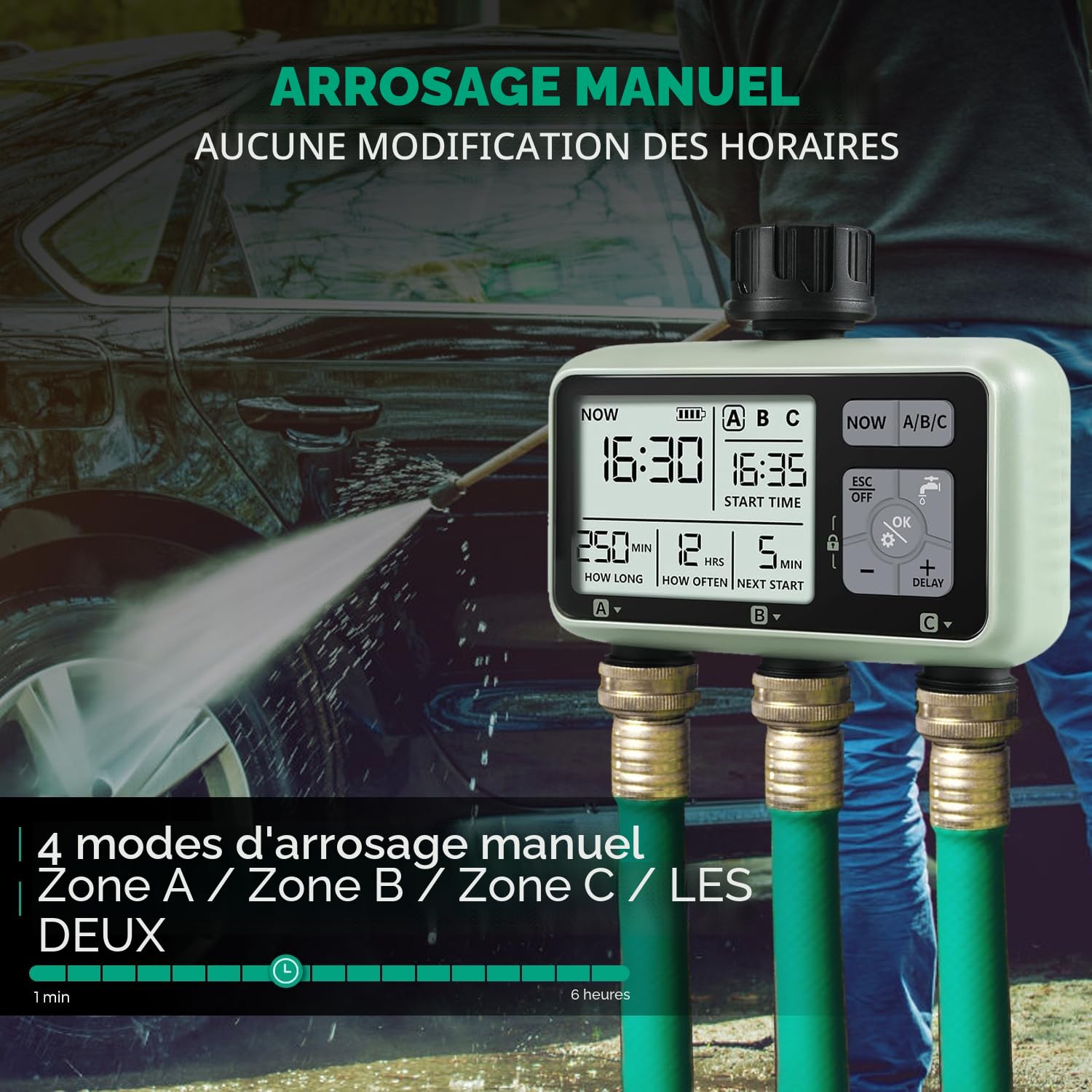 Johgee Programmateur Arrosage 3 Voies Automatique Minuteur Irrigation Programmable avec Délai de Pluie pour Jardin Pelouse
