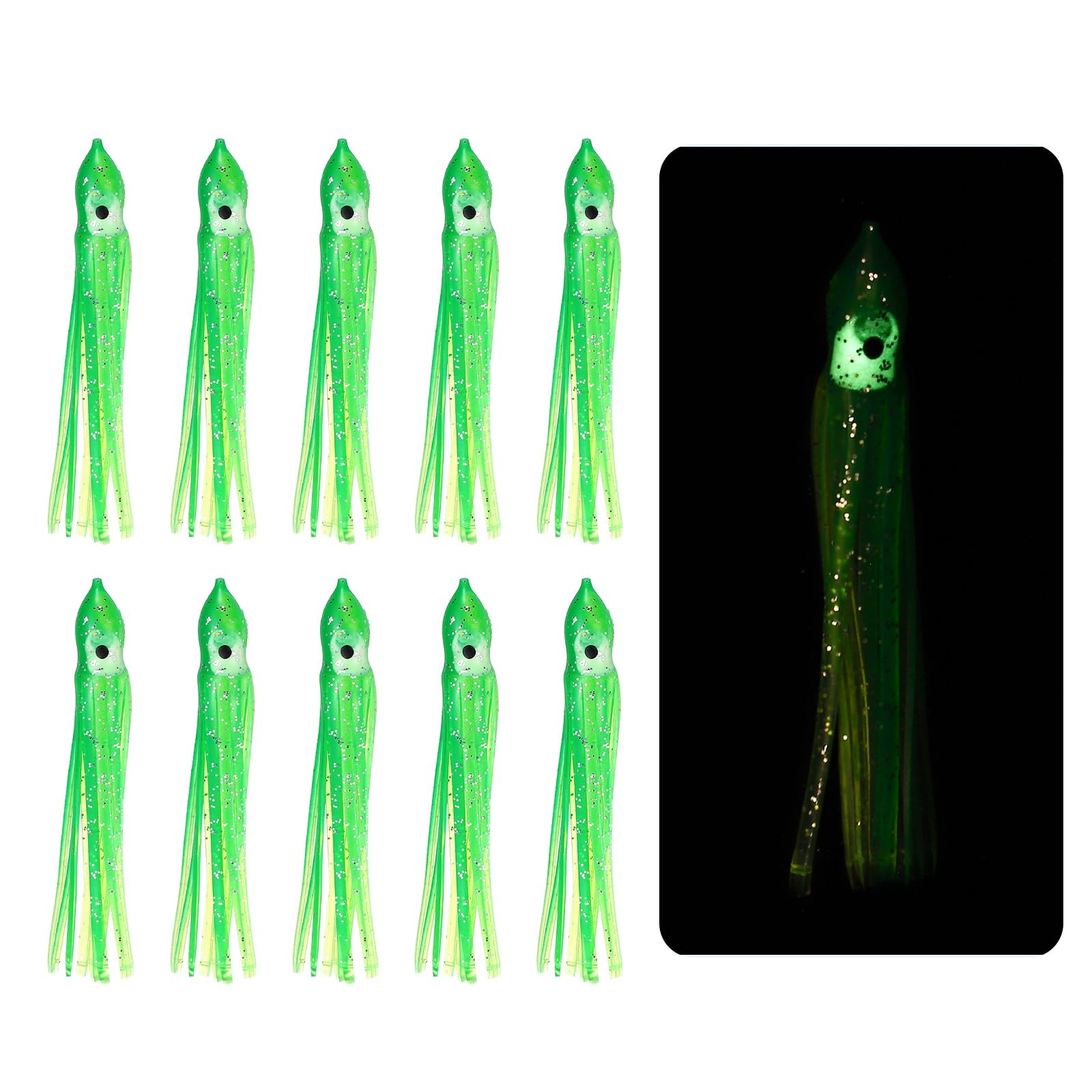 YELARXI Fishing Squid Skirts Lures Glow Soft, 3.5 x 0.4 Inch & 10 Pcs & Yellow/Green