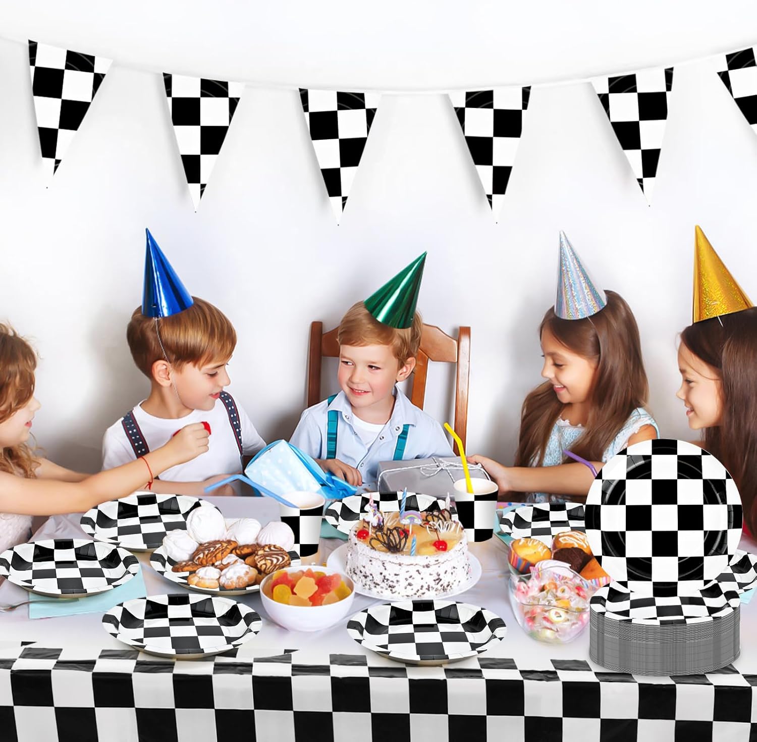 100 Pack Race Car Paper Plates, 9" Black and White Checkered Flag Paper Plate Disposable Round Dessert Dinner Plates for Racing Car Party, Race Fans Kids Birthday Tableware - Image 5