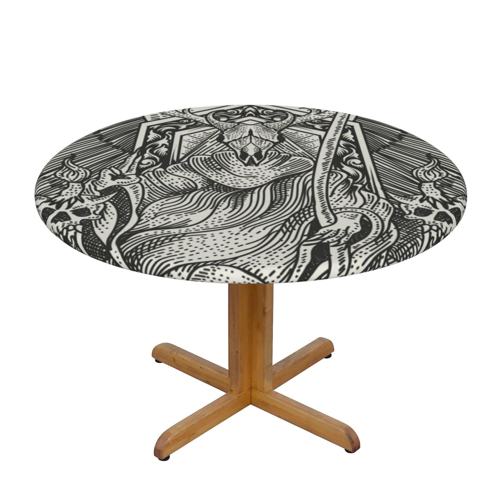 Lsjuee Round Fitted Tablecloth 40-44in Elastic Edged Table Cloth for Kitchen Dining Party Home Decor - Abstract Satan Death Grim Reaper
