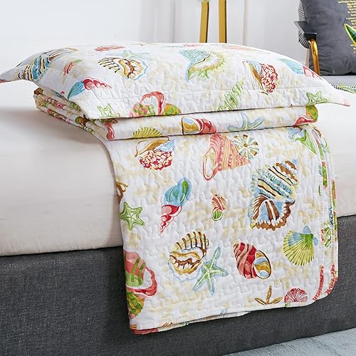 Miniatura 7 de Jarson Juego de edredón costero ligero para el hogar, colcha de verano tamaño King, juego de colcha reversible de 3 piezas de conchas de playa,