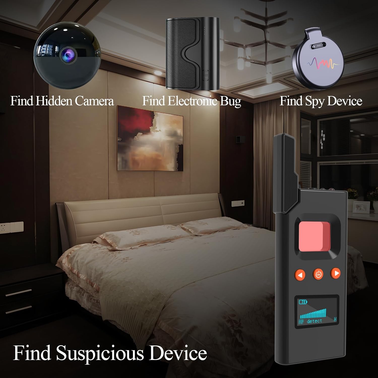 Hidden Camera Detector & RF Bug Finder, Portable GPS Tracker Detector and Bug Sweeper for Privacy Protection in Car, Hotel, Office, Home & Travel - Image 2